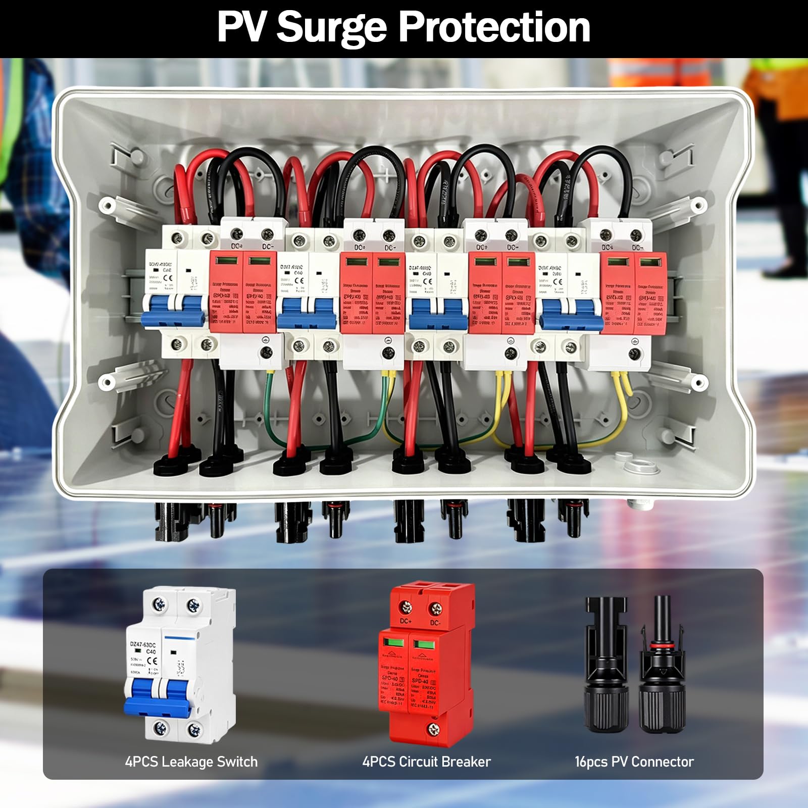 Zabezpieczenie przeciwprzepięciowe PV DC, wyłącznik odgromowy, wyłącznik nadprądowy, DC 4 struny, 500 V, 40 A, ochrona przed napięciem, wodoszczelność IP65, skrzynka przyłączeniowa solarna do