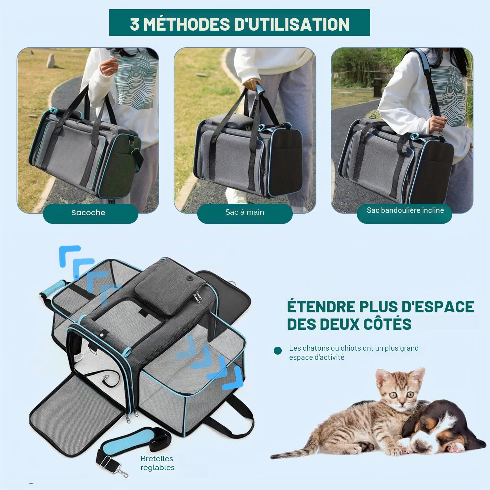 PETCUTE Sac de Transport pour Chat Chien, Sac de Voyage Respirant Extensible pour Chats,Pliable Caisse de Transport Chat avec Coussin Amovible et Bandoulière Réglable, Idéal Capacité Moins 10kg