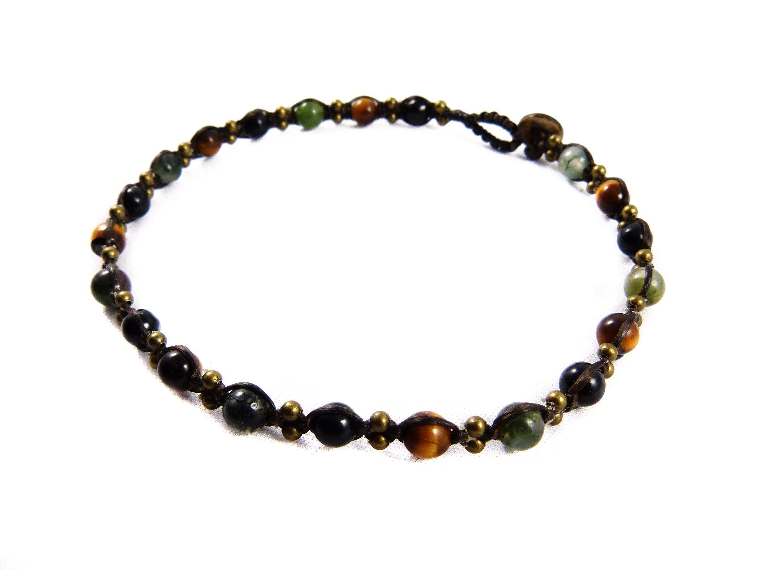 Fußband mit Tigerauge und Moos Achat Perlen - Thailand Tribal Surfer Herren Unisex Fußkettchen
