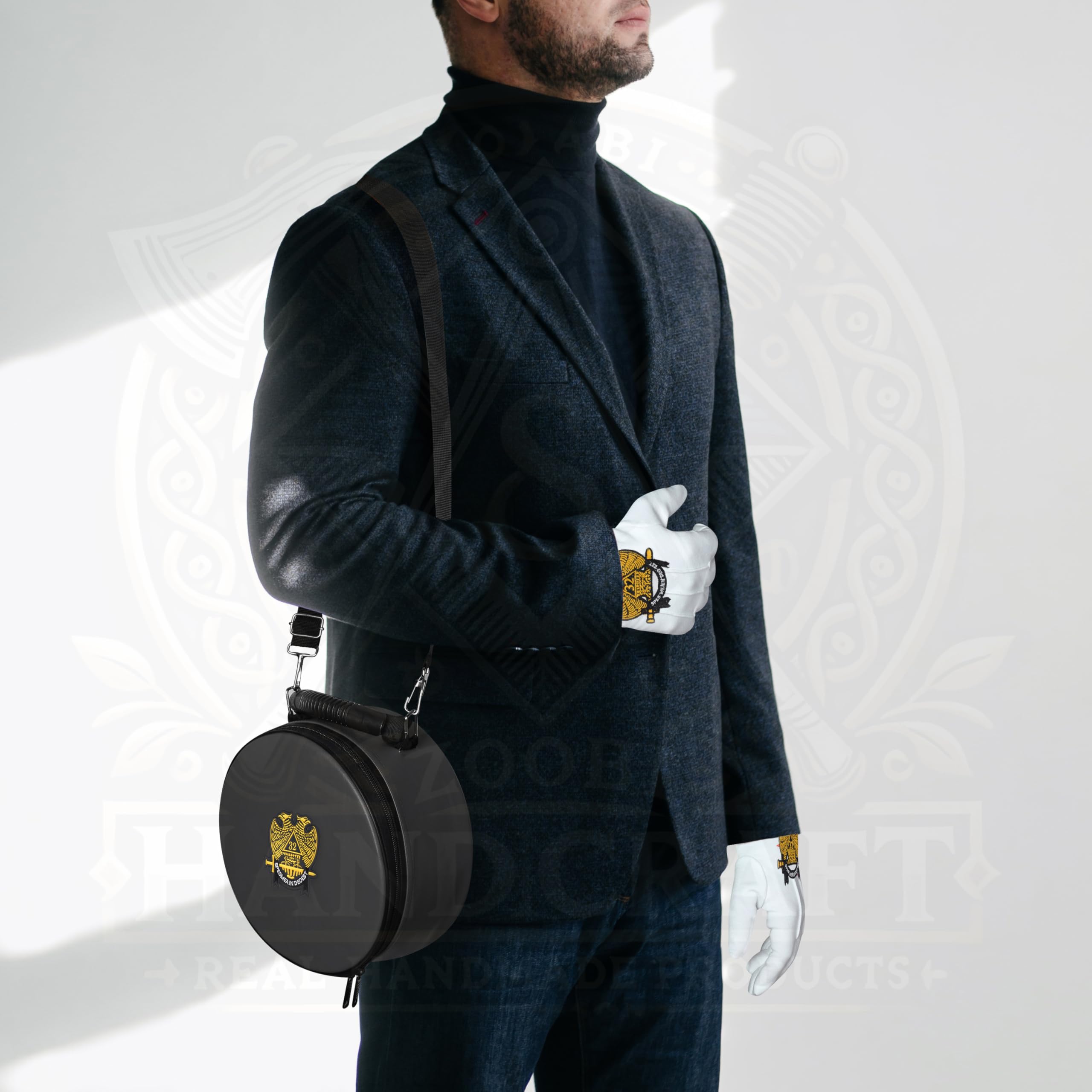 Masonic Scottish Rite 32nd Degree Double Eagle Crown Cap Case – Foldable Design Black Freemason Hat Carrying Box with Shoulder Strap