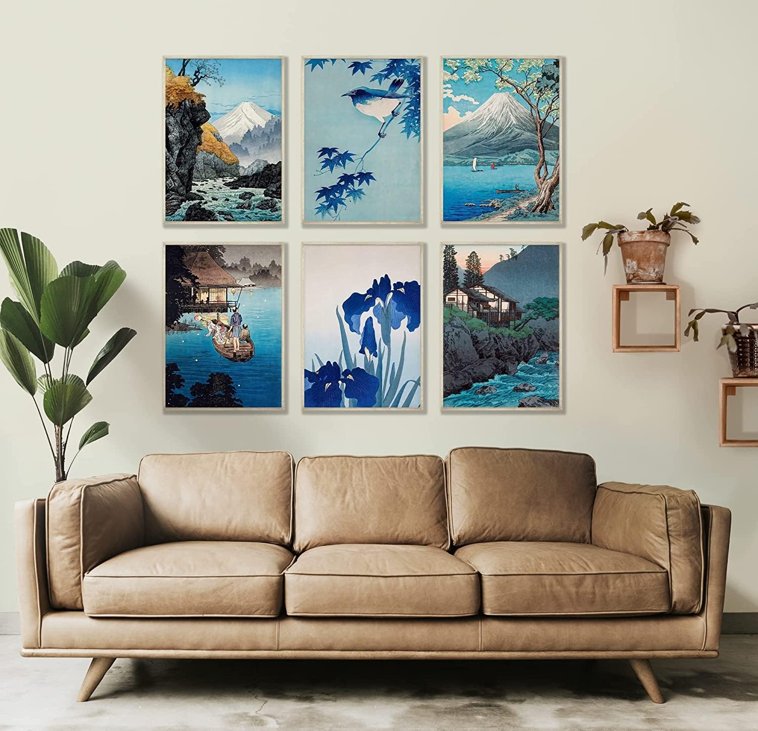 Japanese Woodblock Wall Art - Set of 6 Blue Themed Home Decor, Famous Bedroom & Living Room Art (8 x 10)
