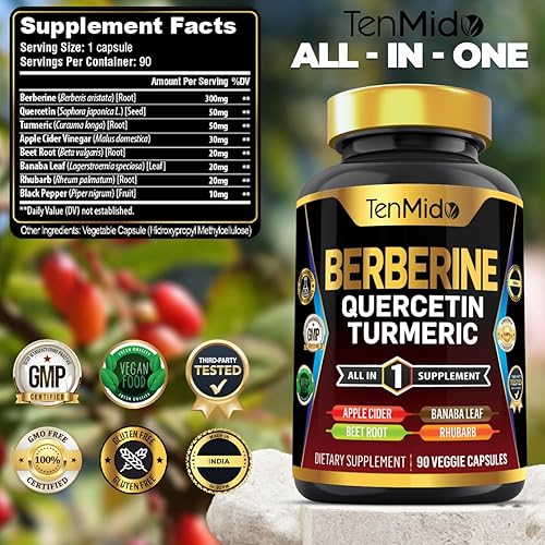 Miniatura 2 de Suplemento de berberina para hombres y mujeres, fórmula 8 en 1 con quercetina, cúrcuma, vinagre de sidra de manzana, raíz de remolacha y más -