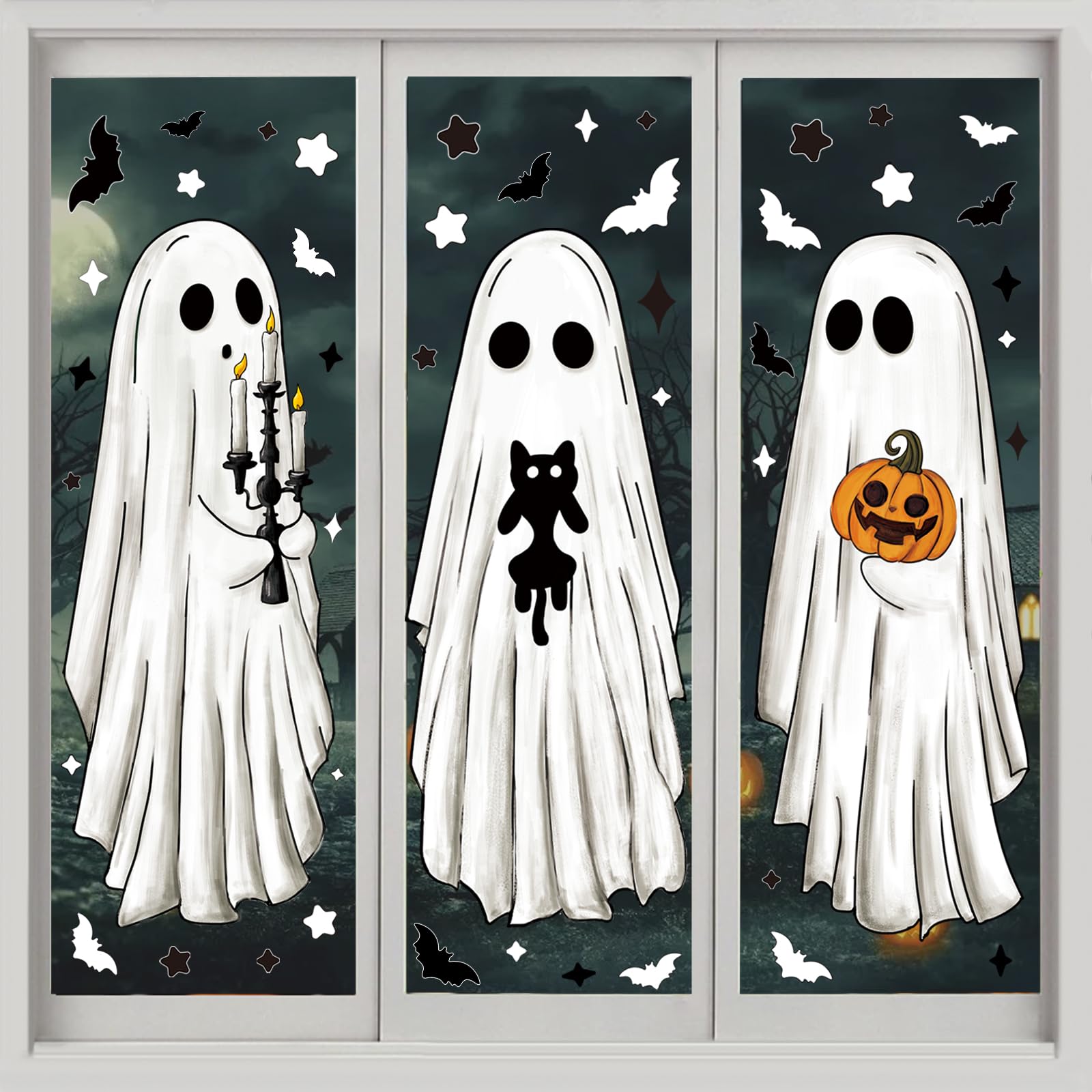 XIMISHOP 6 Sheets Halloween Window Stickers, Large Double-Sided Reusable Halloween Ghost Clings for Home Party Office School Window Decoration