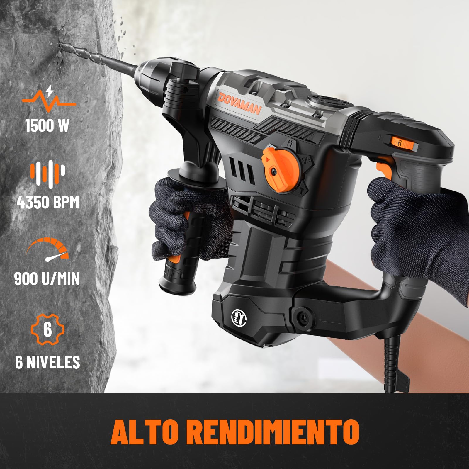 DOVAMAN RH15A Martillo Perforador SDS-Plus 1500W, 7J, 4 Funciones, 900 rpm, 4350 golp/min, Sistema Antivibración, Embrague de Seguridad, con Brocas y Cinceles, para Hormigón y Pared, con Maletín