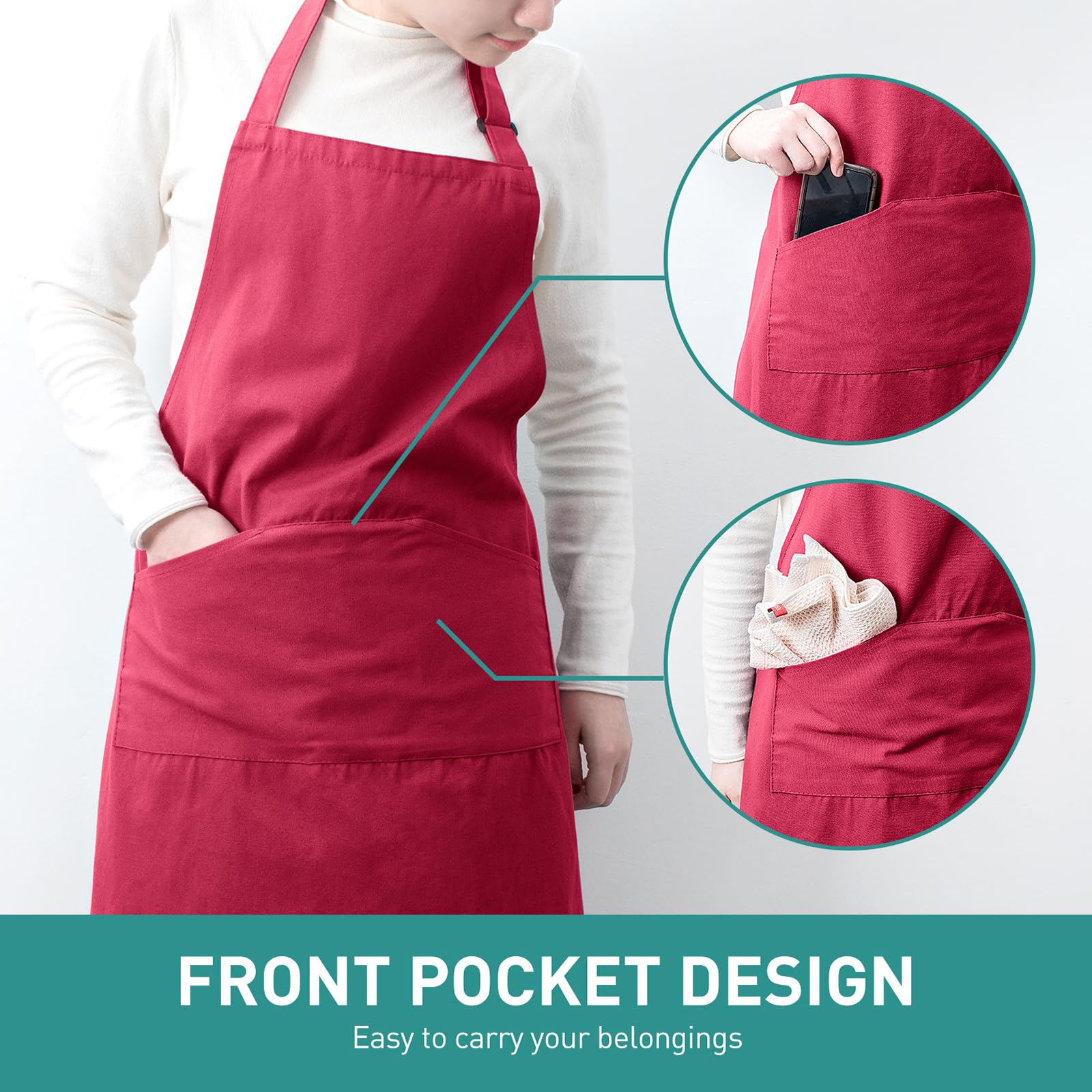 Viedouce 2 Packs Red Cotton Aprons, Adjustable Chef Aprons with Pockets for Adults One Size Fits All, 82x70 cm - Image 3
