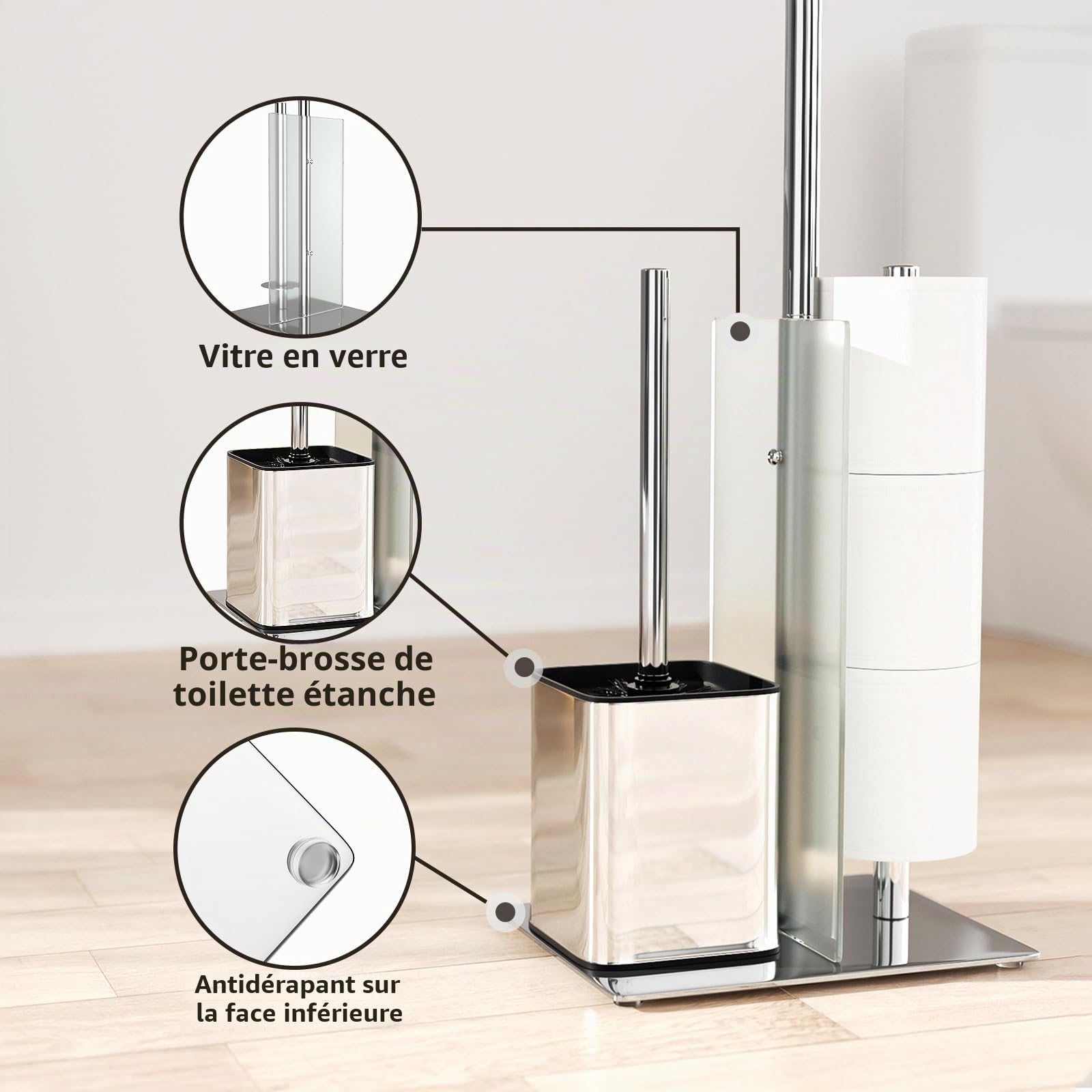 Porte Papier Toilette avec Brosse WC - Support Papier Toilette Debout en Acier Inoxydable avec Brosse de Toilette, Amovible, Porte Papier Toilette avec Verre, Pied Aucun Perçage Requis (Argenté)