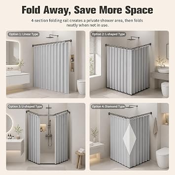 Foldable Shower Curtain Rod Set - Waterproof Grey Curtain, No-Drilling, 4-Fold Shower Curtain, for Bathroom, Balcony, Laundry Area, 120×180cm