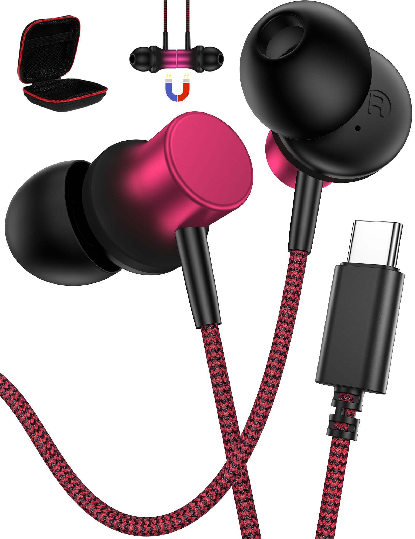 USB C Earbuds for Samsung Galaxy S25 Ultra S24 S23 FE S22 S21 Plus in Ear Noise Isolation HiFi Bass Stereo Android Headphones Nylon Braided Wired