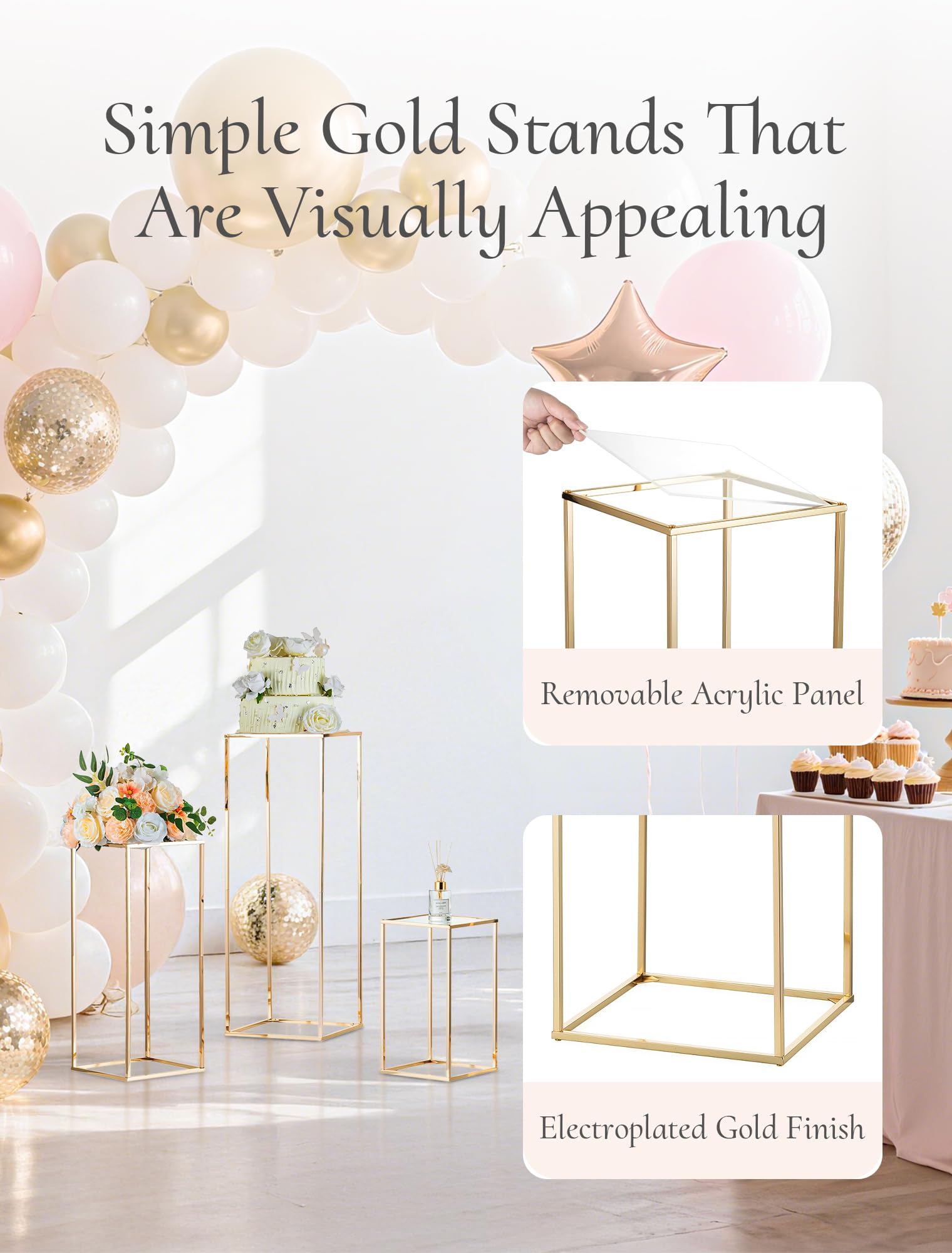 Soporte para Flores Oro para Bodas con Panel Acrílico, 40/60/80cm | Columna Geométrica Metálica, Jarrón Alto para Cumpleaños, Arreglos Florales, Fiestas y Decoración de Salón