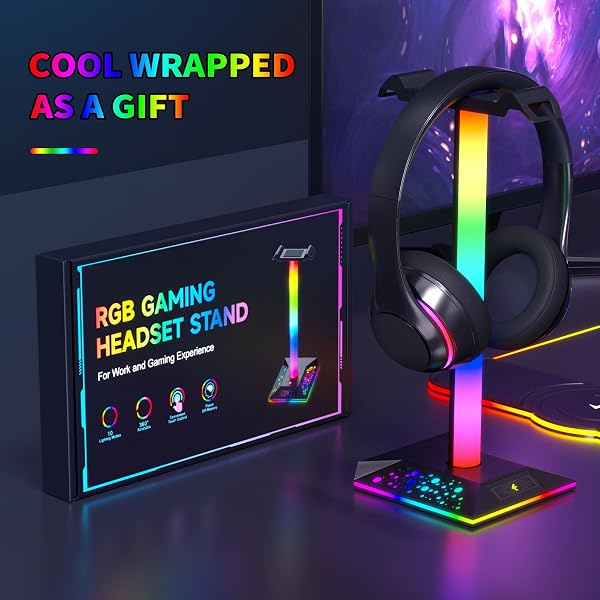 Hcman Headphone Stand Gaming Headset Holder RGB PC Gaming Accessories for Desk, Cool LED Headset Stand with 2 USB Charger for Gamer - 4