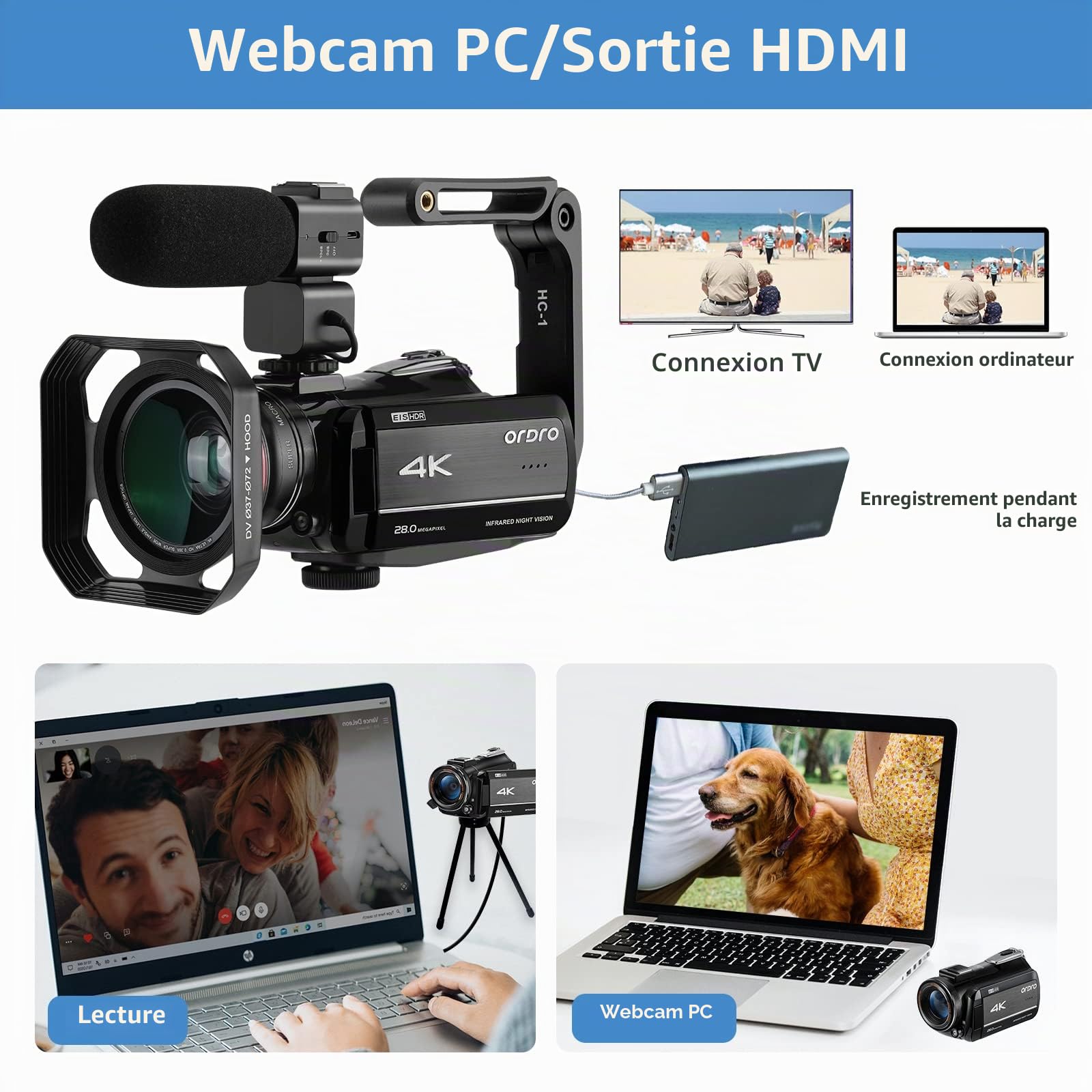 ORDRO Caméscope 4K avec vision nocturne infrarouge, zoom numérique 30x, WiFi, microphone externe et stabilisateur – Caméra de vlogging UHD 30 fps pour YouTube