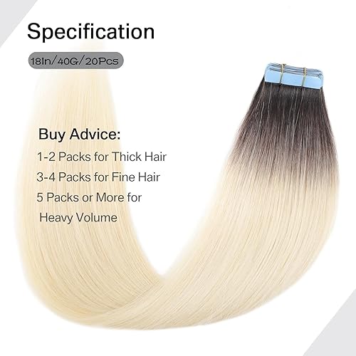 Miniatura 2 de Extensiones de cabello humano con cinta adhesiva, raíces de color marrón oscuro degradado a rubio platino, 18 pulgadas, 1.41 oz (1.41 oz), lacio,