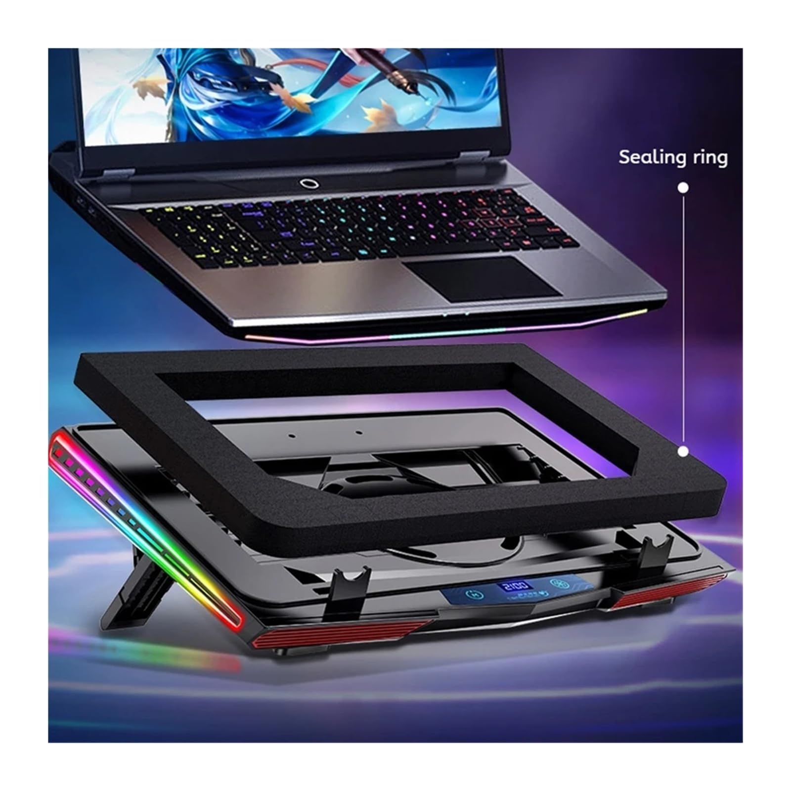 Potente supporto regolabile for laptop da gioco con pressione della ventola, supporto regolabile con dispositivo di raffreddamento for notebook con compressione dell'aria leggera RGB