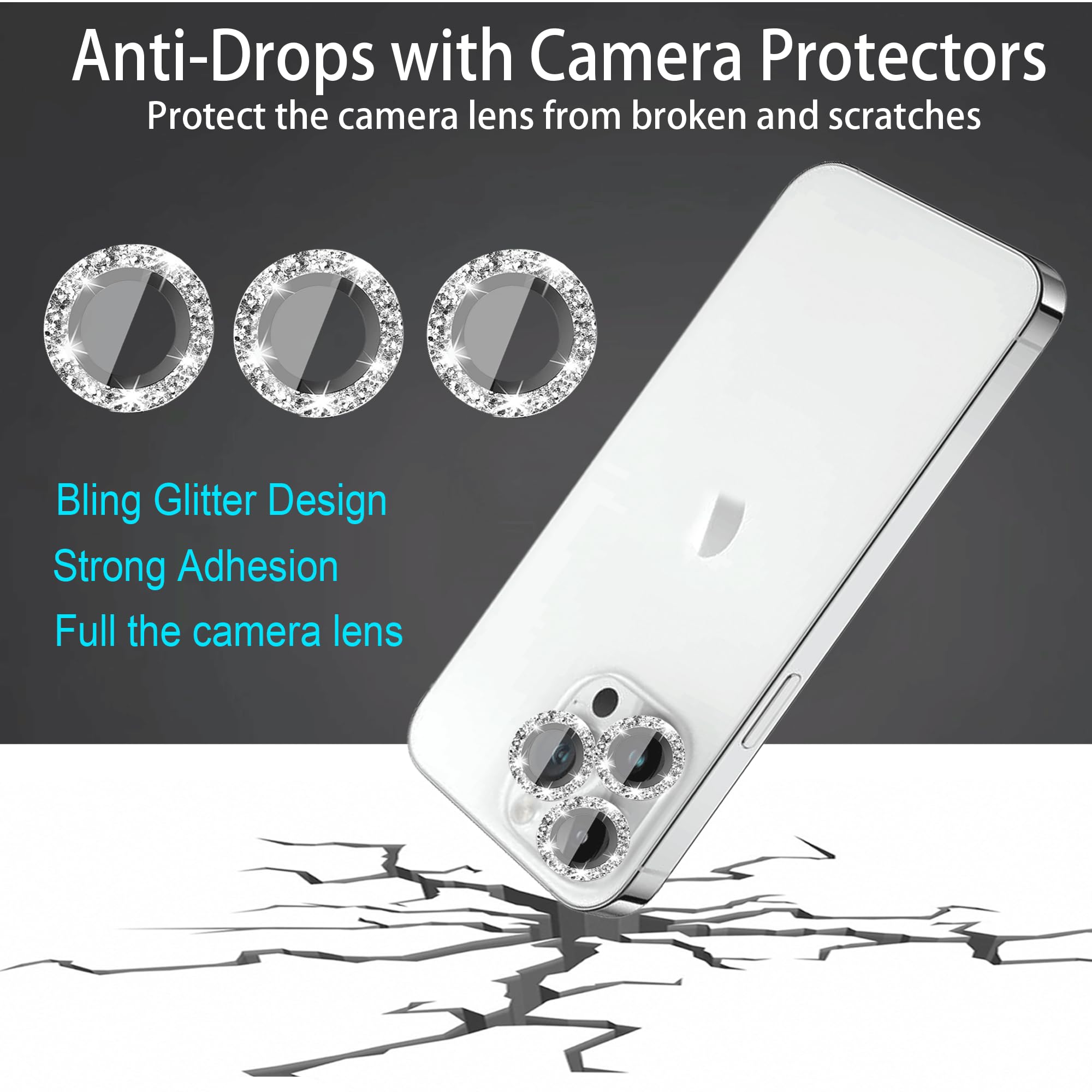 KONVOK [3+1 Compatible with iPhone 11, 11 mini, 11 Pro, 11 Pro Max Camera Lens Protector Glitter Bling, Tempered Glass Clear Camera Cover Screen Protector Ring Accessories, Case Friendly (Silver)