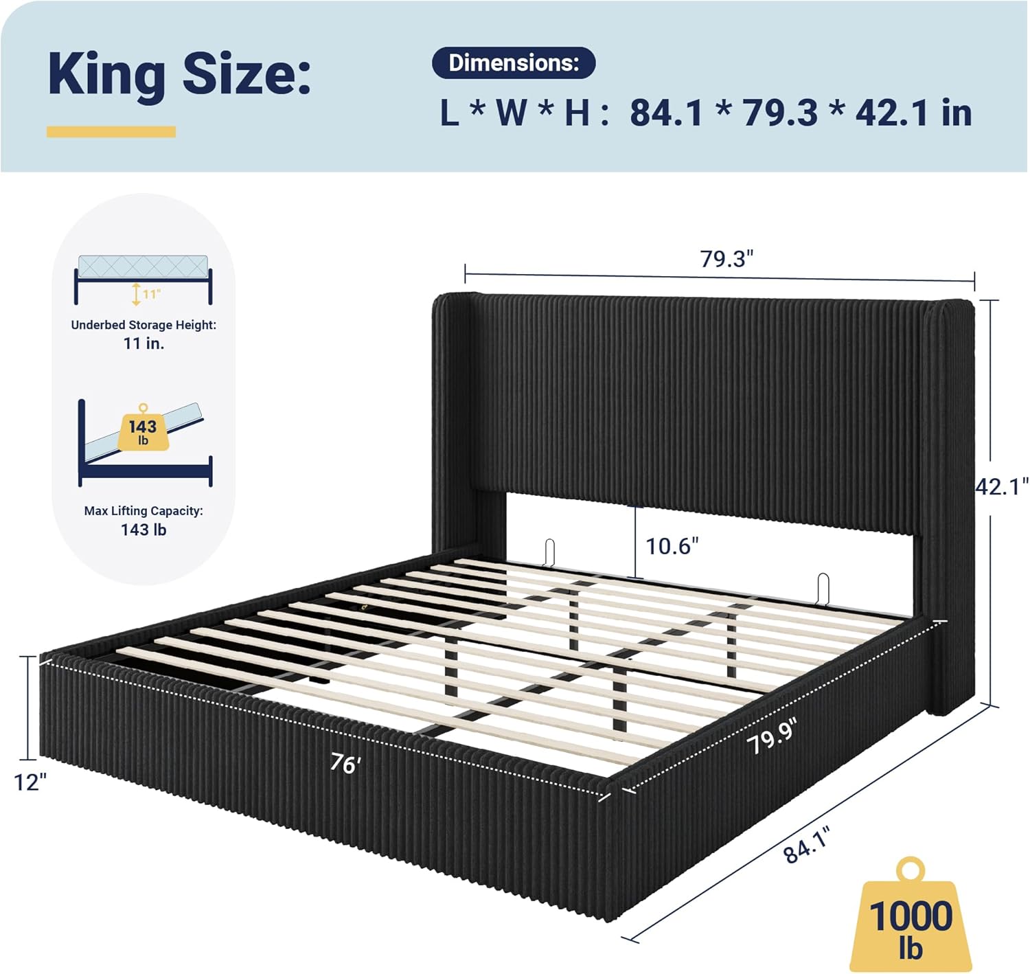 Allewie King Lift-Up Storage Bed Frame with Modern Wingback Headboard, Corduroy Upholstered Platform Bed, Hydraulic Gas Lift Support, Underbed Storage, Wooden Slats, No Box Spring Needed, Black