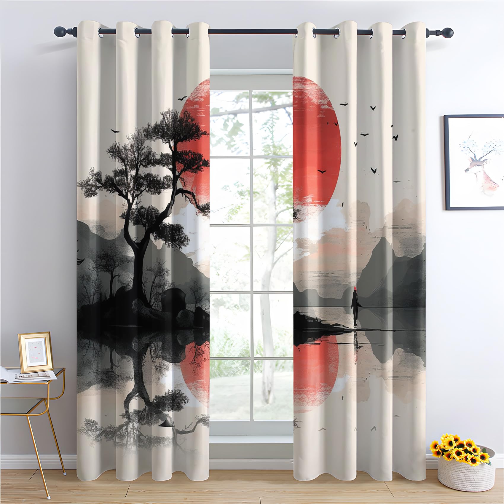 Rideau Occultant Paysage, Rideau Isolant Thermique pour Salon Chambre, Rideaux Motif Japonaise, Rideau Opaque à Oeillets, Lot de 2 Rideaux et Draperies Intérieur 140x240cm LxH