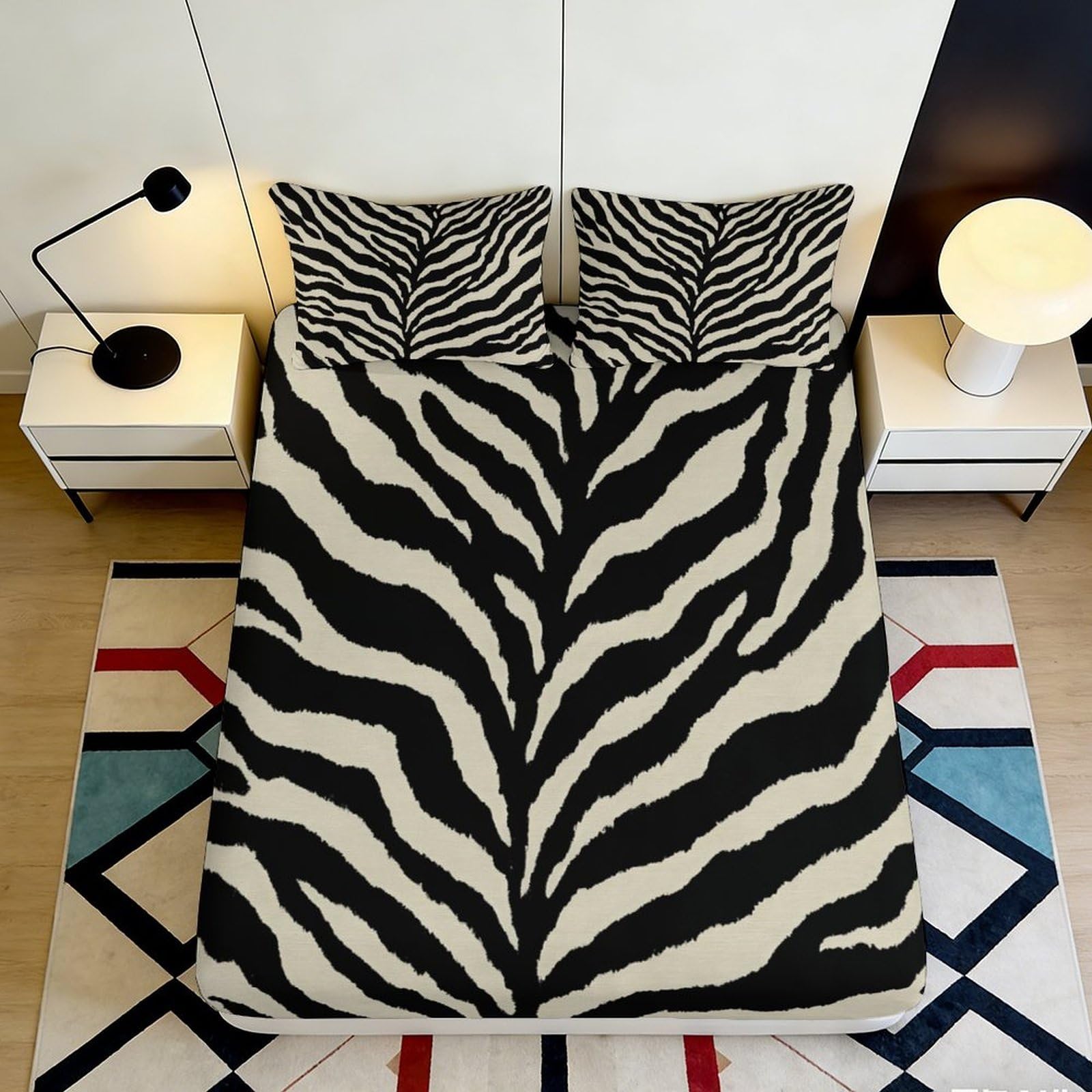 3D Printed Zebra Stripes Fitted Sheet Microfiber Soft Anti-Slip Animal Pattern Mattress Cover for Bedroom Dorm Decor 200x200x25cm