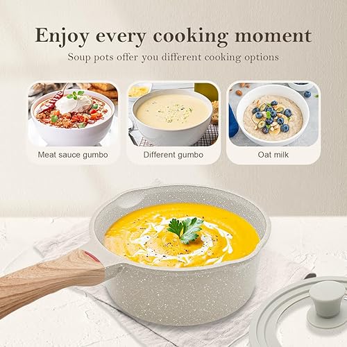 Miniatura 5 de Bobikuke Juego de sartenes antiadherentes de 1.5 cuartos y 1.8 cuartos con tapa, 4 ollas pequeñas para sopa con boquilla para cocinar compatibles