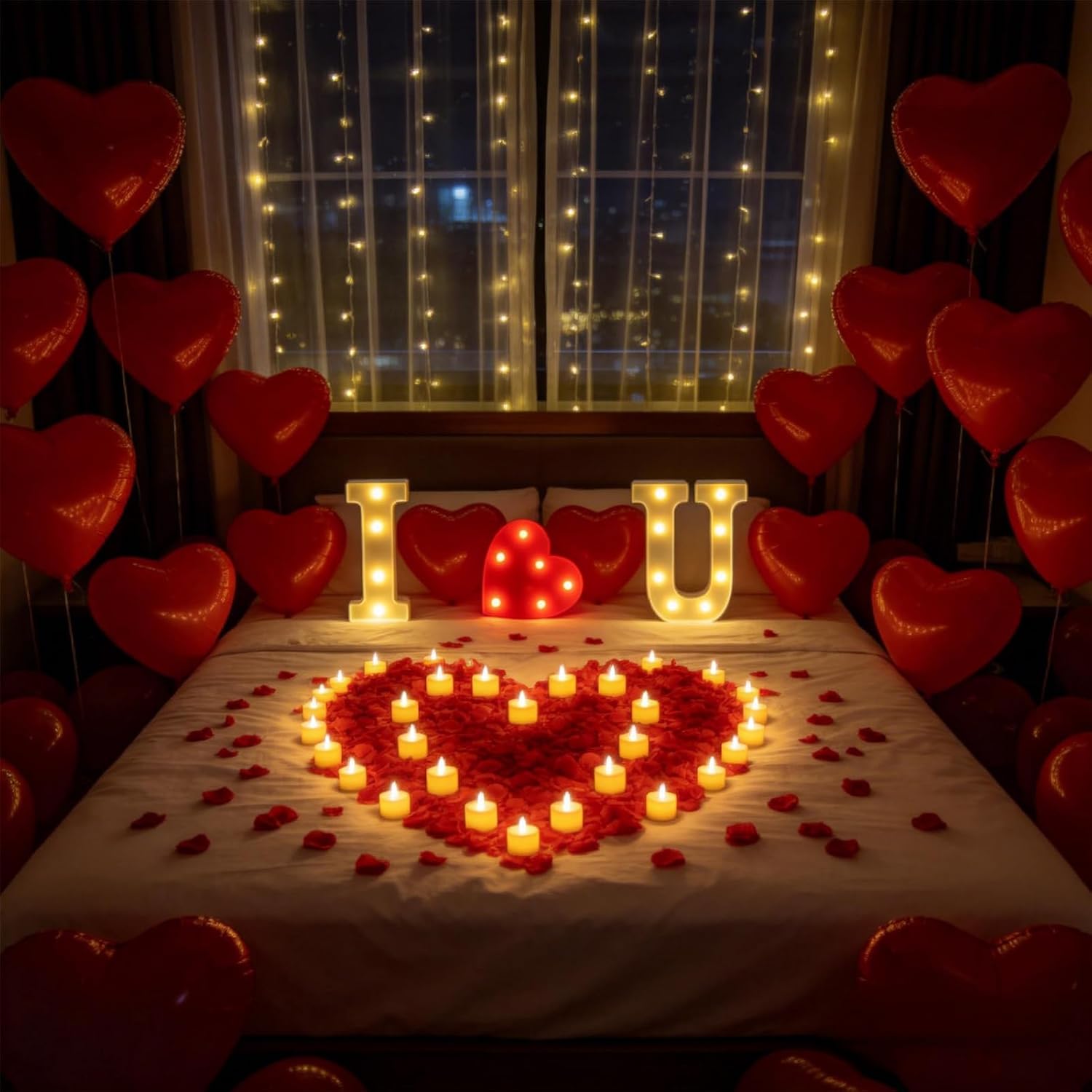 Wondise I Love U Light Up Letters, I Love U Sign Proposal Decorations with 30Pcs Flameless Tea Lights 2000Pcs Red Rose Petals 20Pcs Red Balloons for Valentine's Day Wedding Proposal Romantic Night