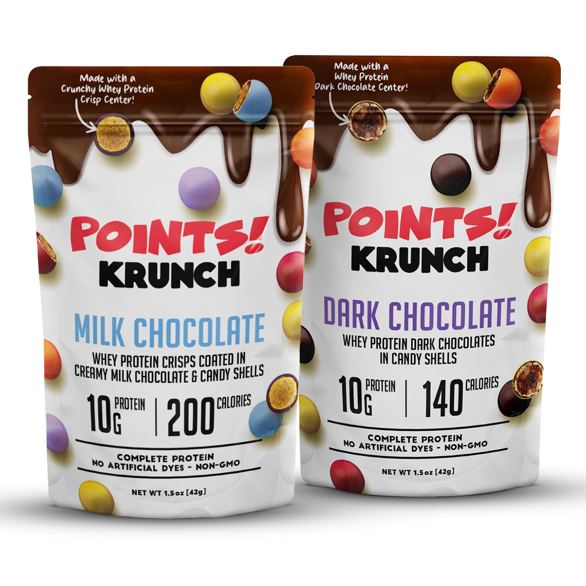 POINTS! KRUNCH Milk + Dark Chocolate High Protein Snack, 10g of Protein, Coated Candy Shell with a Crispy Whey Center, Healthy Protein Packed Candy,
