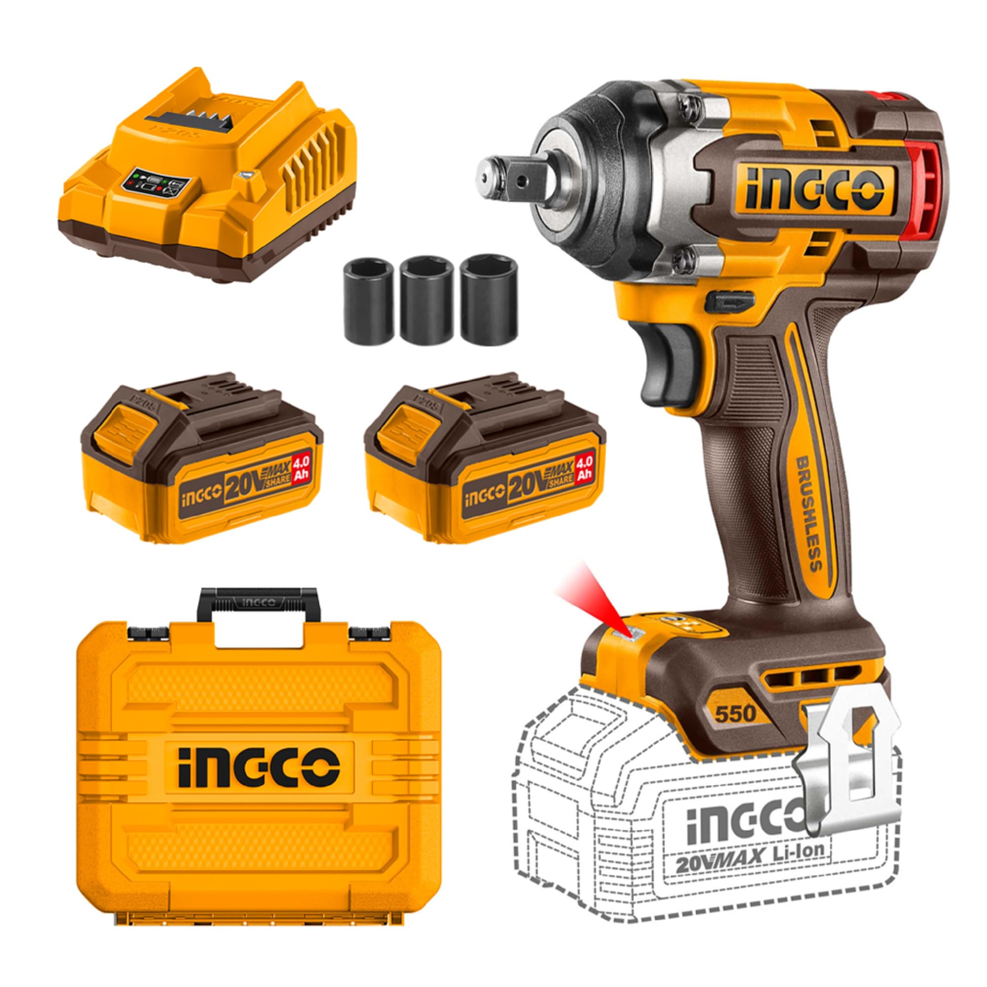 Ingco 20V Cordless Impact Wrench 550NM, Brushless Motor, 3-Speed Adjustment 2500RPM, LED Work Light, With 2Pcs 4.0Ah Battery And 1Pcs Charger, Packed by Carrying Case-picture-18