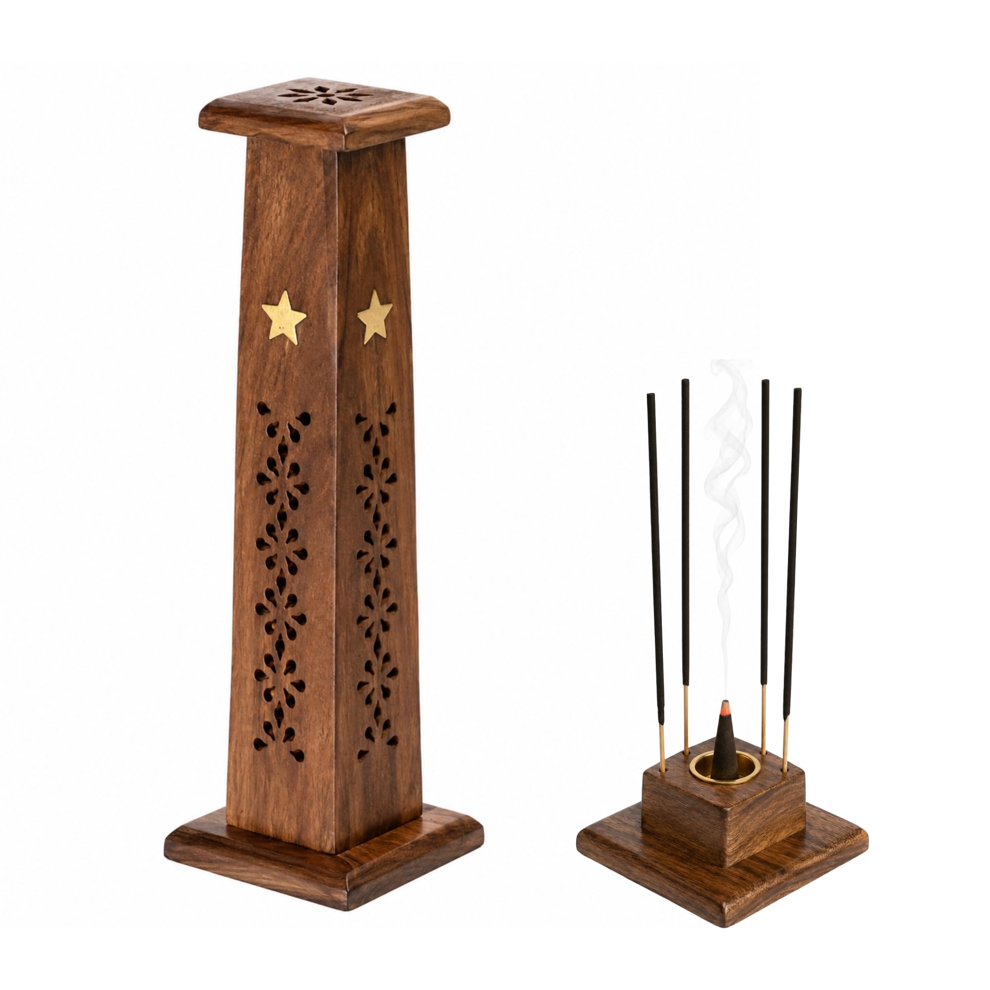 Fenny's Creations Mahogany Wooden Incense Burner Box, Premium Hand Carved Wood, Incense Stick Holder Ash Catcher,Joss Sticks Storage, Meditation And Home (Burner Box - Tower)
