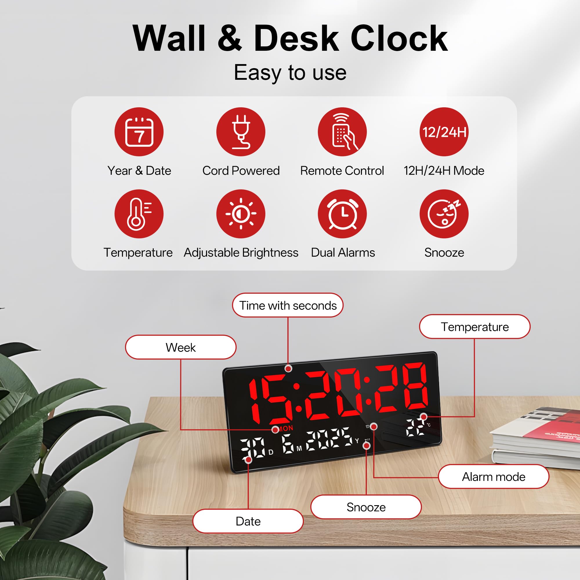 Lafocuse 15.5" Reloj de Pared Digital con LED Pantalla Grande, Silencioso Reloj Digital Sobremesa con Temperatura, Fecha, 2 Alarma, 12/24 Horas, Brillo Ajustable, para Salon Cocina Oficina, Rojo