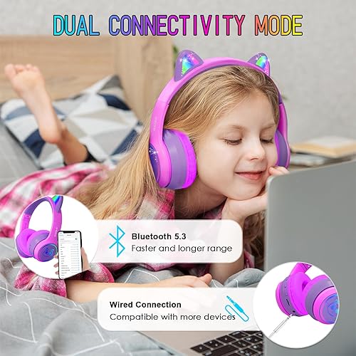 Miniatura 3 de IFECCO - Auriculares inalámbricos para niños con micrófono, plegables, lindos y luminosos, con orejas de gato, auriculares Bluetooth con estuche