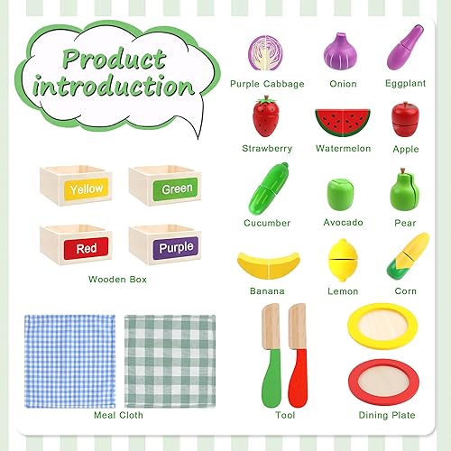 Miniatura 5 de MerryPony Juego de comida de madera para niños, accesorios de cocina, 34 piezas de juguetes de corte de frutas y verduras con 4 cajas de