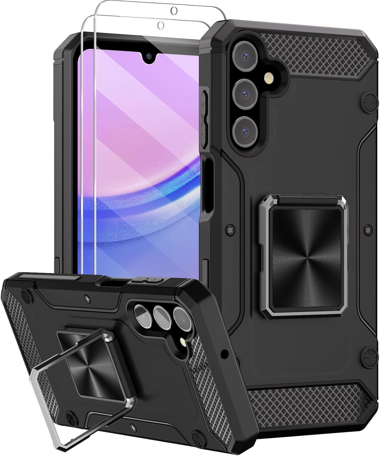 KSWOUS for Galaxy A15 5G Phone Case with Screen Protector [2 Pack], Rotated Ring Kickstand Military Grade Shockproof for Samsung A15 Protective Cover with Magnetic Stand,Black