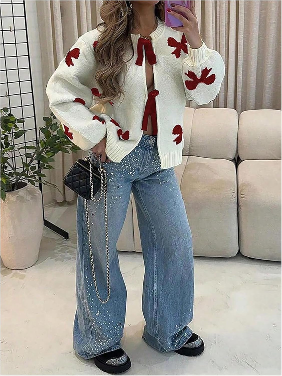 SHENHE Women's Tie Front Bow Cardigan Sweater Crew Neck Loose Fit Coquette Knit Sweater - Image 3