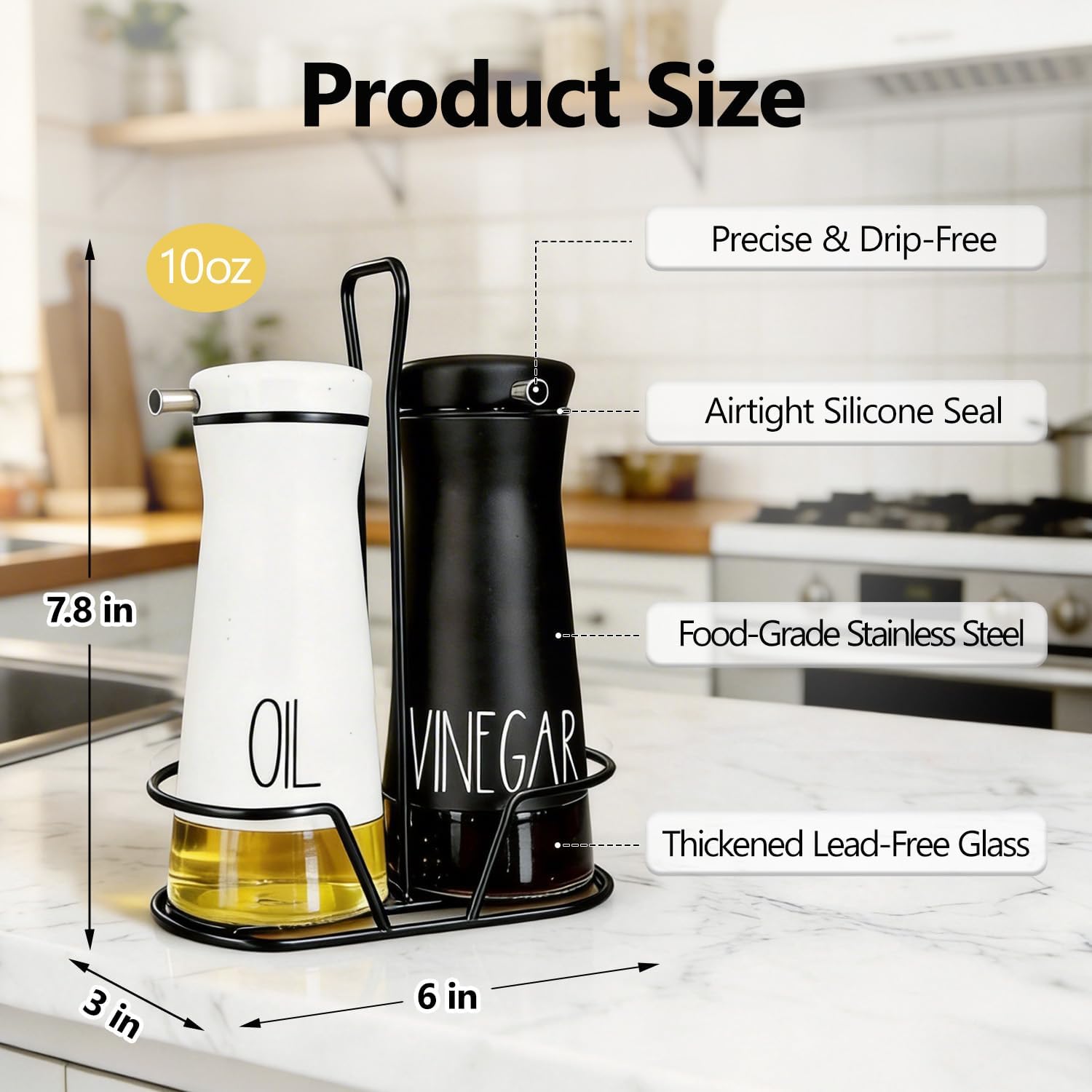 Aelga Oil And Vinegar Dispenser Set with Caddy - 2 Pack Oil Dispenser Bottles for Kitchen with No-Drip - Kitchen Decor and Accessories for Home Restaurants Weddings, Black & White