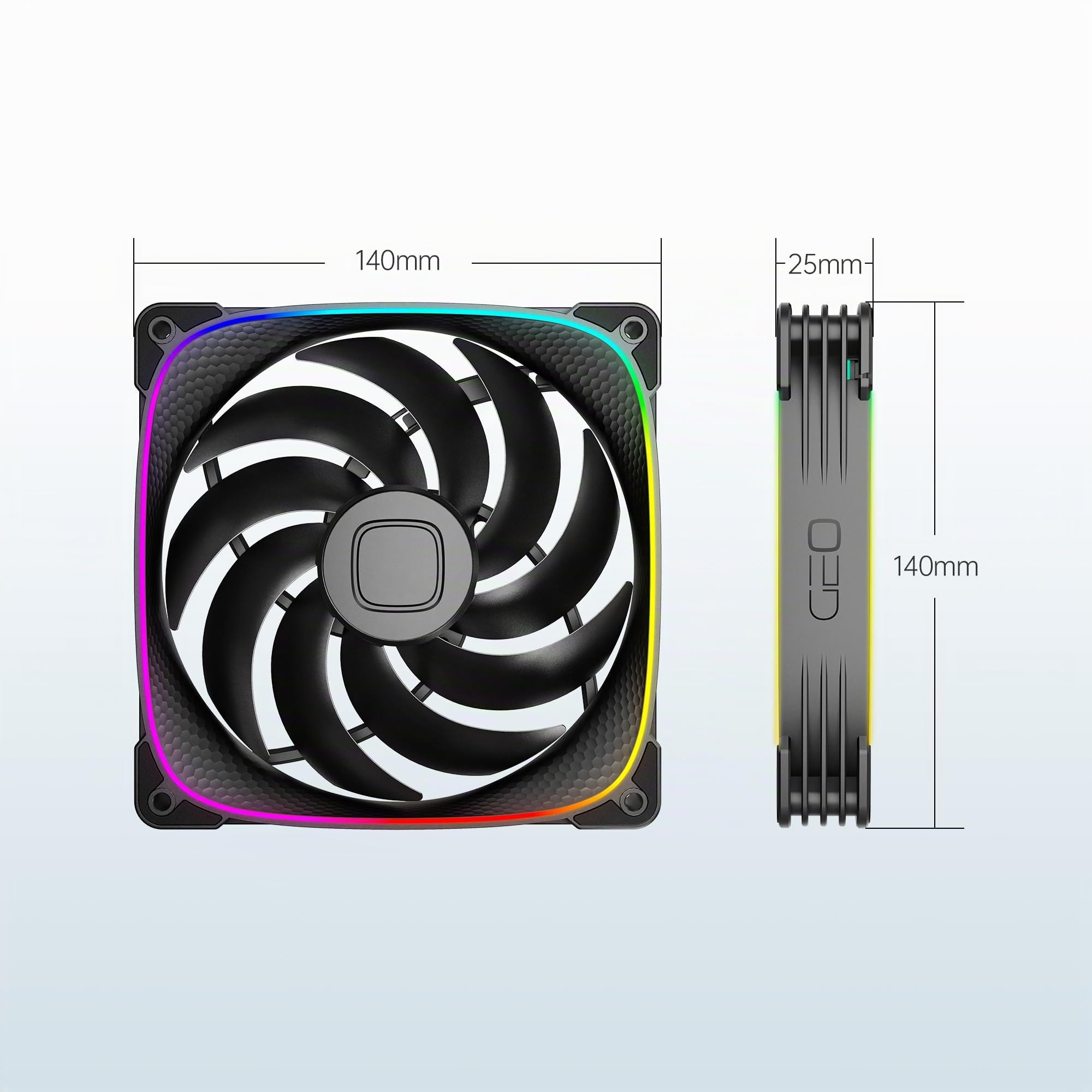 Geometric Future Squama GEO-S2503B-14T) - Ventola RGB PWM, 140 mm, confezione da 3, prestazioni e bilanciamento silenzioso, doppio anello di illuminazione, 5 V 3 pin indirizzabile RGB - PWM a 4 pin