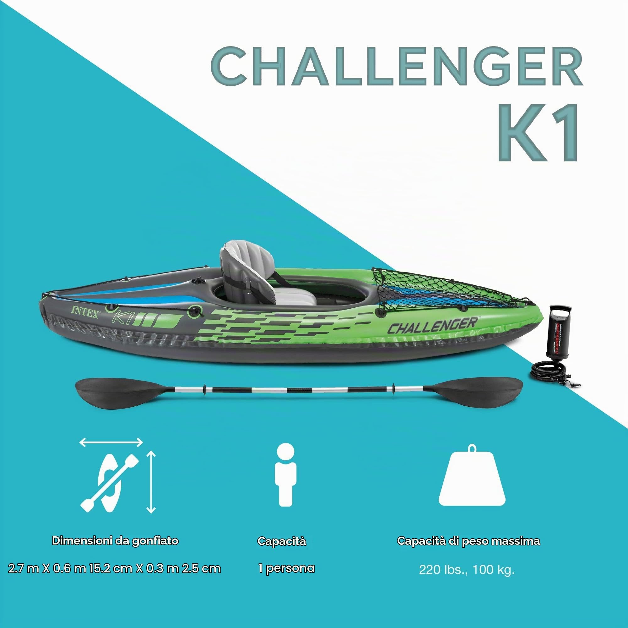 Intex 68305, Canotto Challenger K1, Verde/Nero/Blu, 274 x 76 x 33 cm