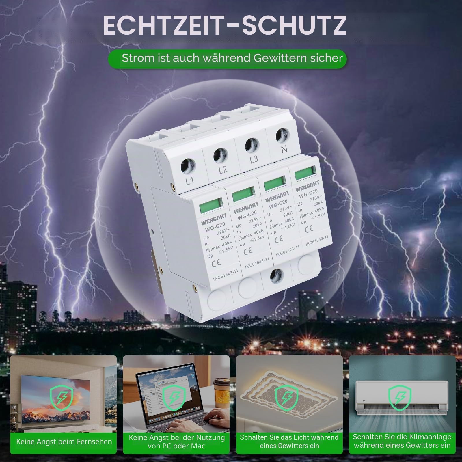 Wengart Überspannungsschutz Typ 2 (SPD), 4-polig 20kA-40kA, AC 275V, Hausableiter für TN-S & TT-Systeme, Blitzschutzmodul für DIN-Schiene, Steckbar & mit Statusanzeige, WG-C20