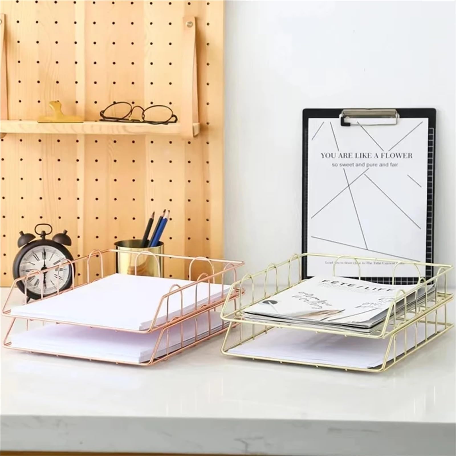 Stapelbares Briefablagen-Set – 2 Stück, goldfarben, breiter Eingang, Schreibtisch-Organizer für A4-Dokumente, Zeitschriften, Zeitungen, Aktenordner, Büro-Schreibtisch-Aufbewahrungslösung