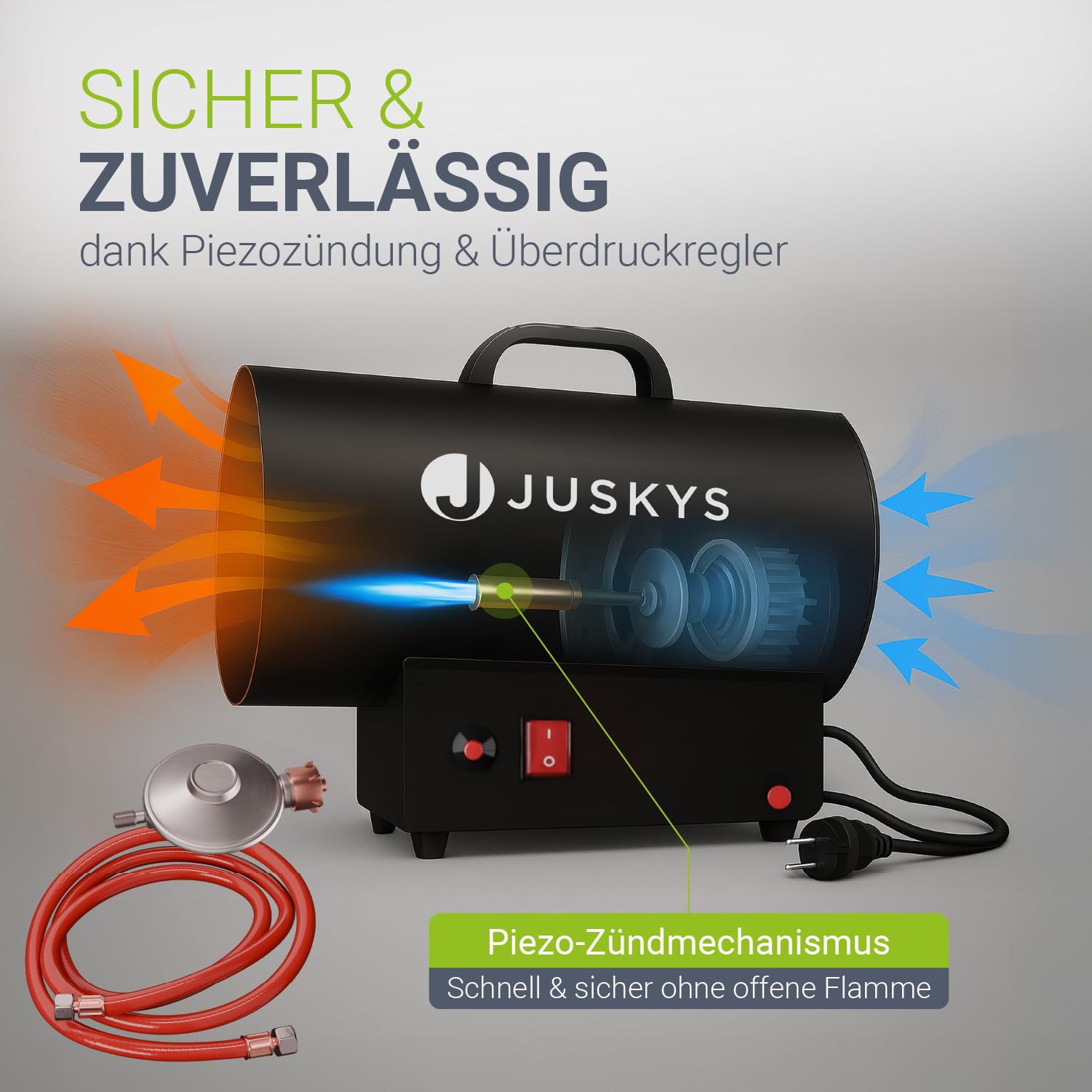 Juskys Gasheizgebläse – mobiler Gasheizer 10 kW mit Piezozündung, Heißluftgenerator, leichtes Stahl-Gehäuse, für Outdoor & Werkstatt - Schwarz