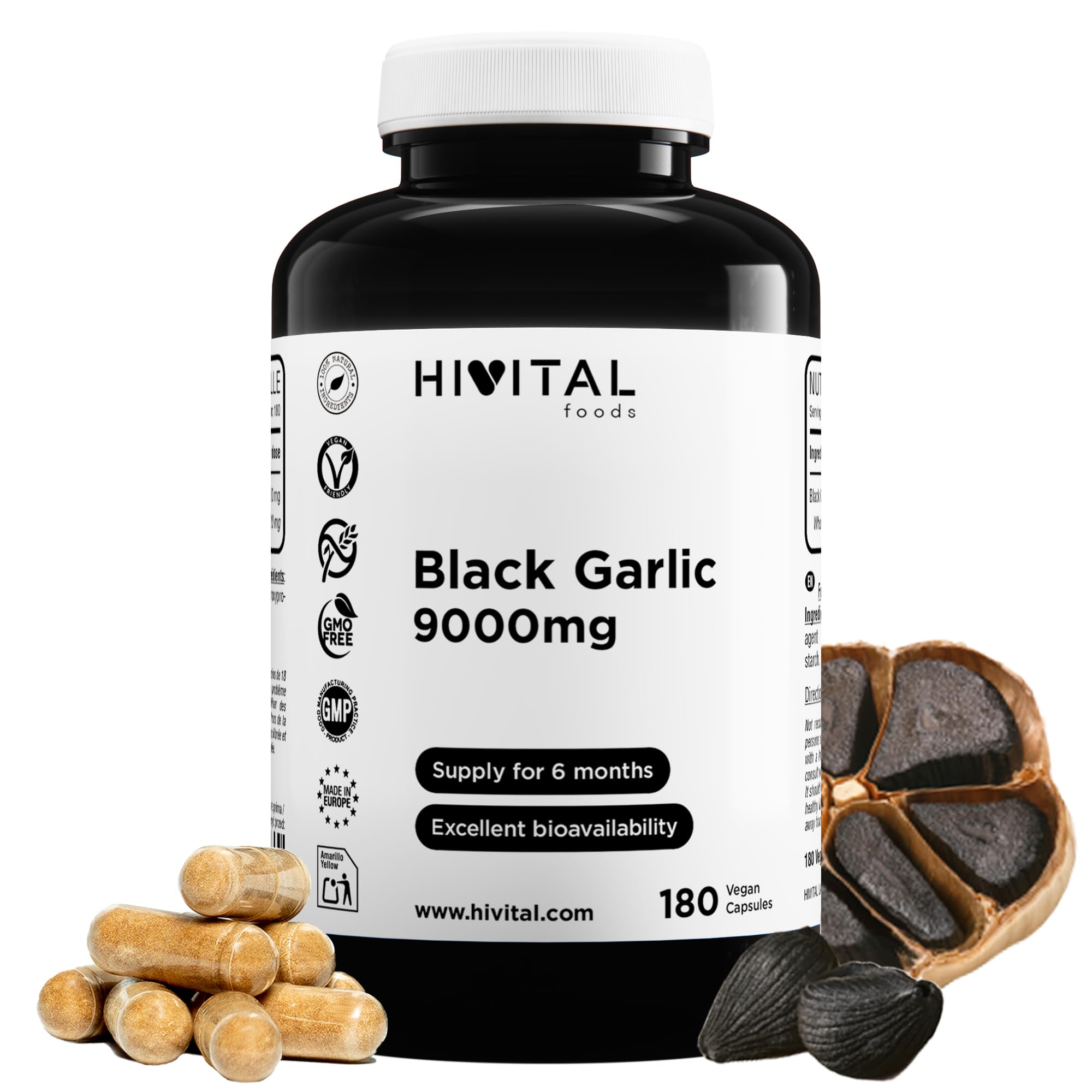 Ail Noir 9000 mg. 180 gélules végétaliennes pour 6 mois de traitement. Extrait naturel concentré d'ail noir SANS ODEUR Allium Sativum. Fabriqué en Europe par HIVITAL