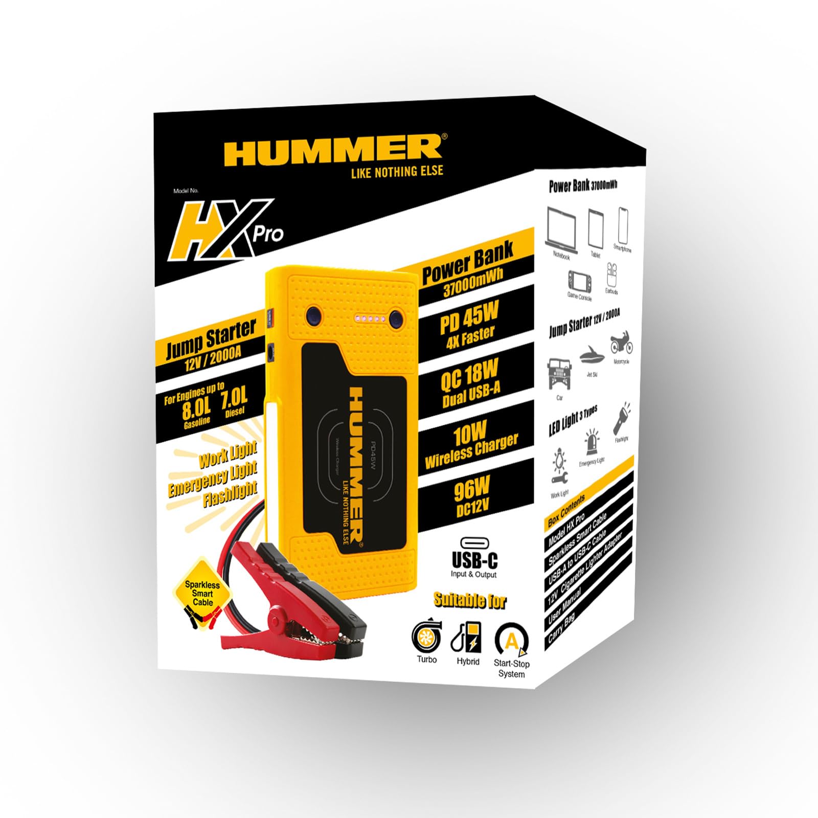 Hummer Avviamento batteria 12V / 2000 Amp, / 10000 Ah Hummer HXPRO con funzione Powerbank 37000 mWh, e ricarica wireless PD 45W