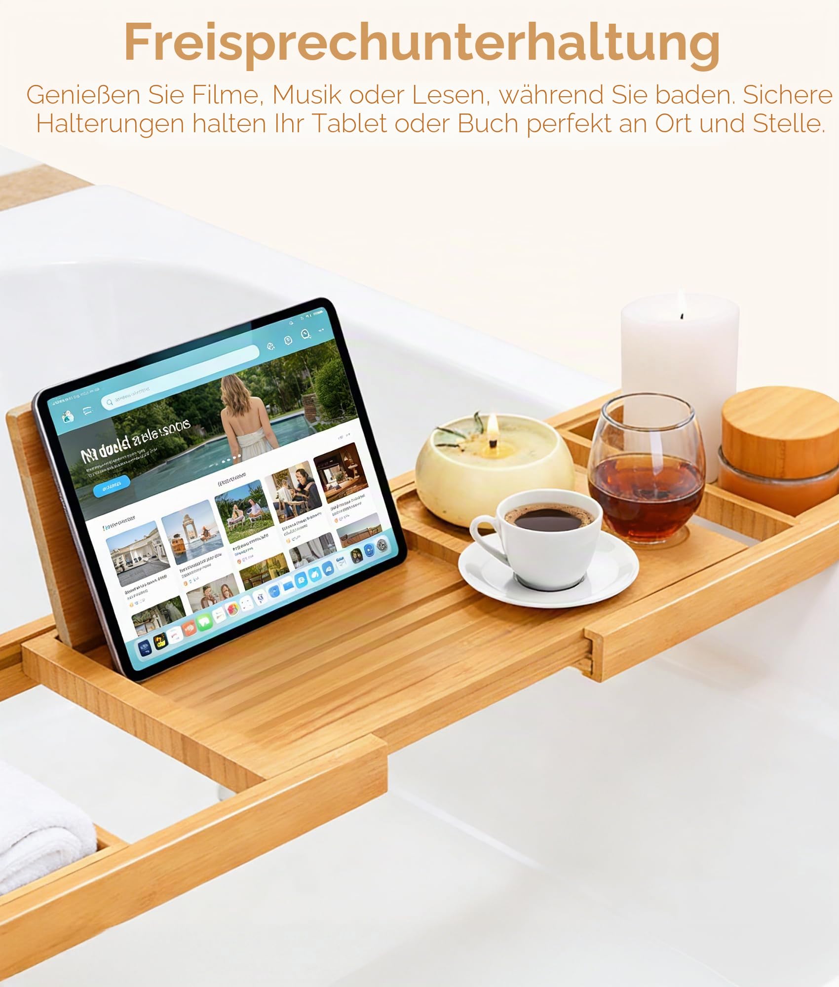 ADOV Badewannenablage, Erweiterbar Luxus Spa Bambus Holz Badewannenbrett mit Halter für Buch Tablet Telefon Glas und Kerze, Einstellbar Badewannentablett Caddy Brücke Passt Meisten Badewanne Größen