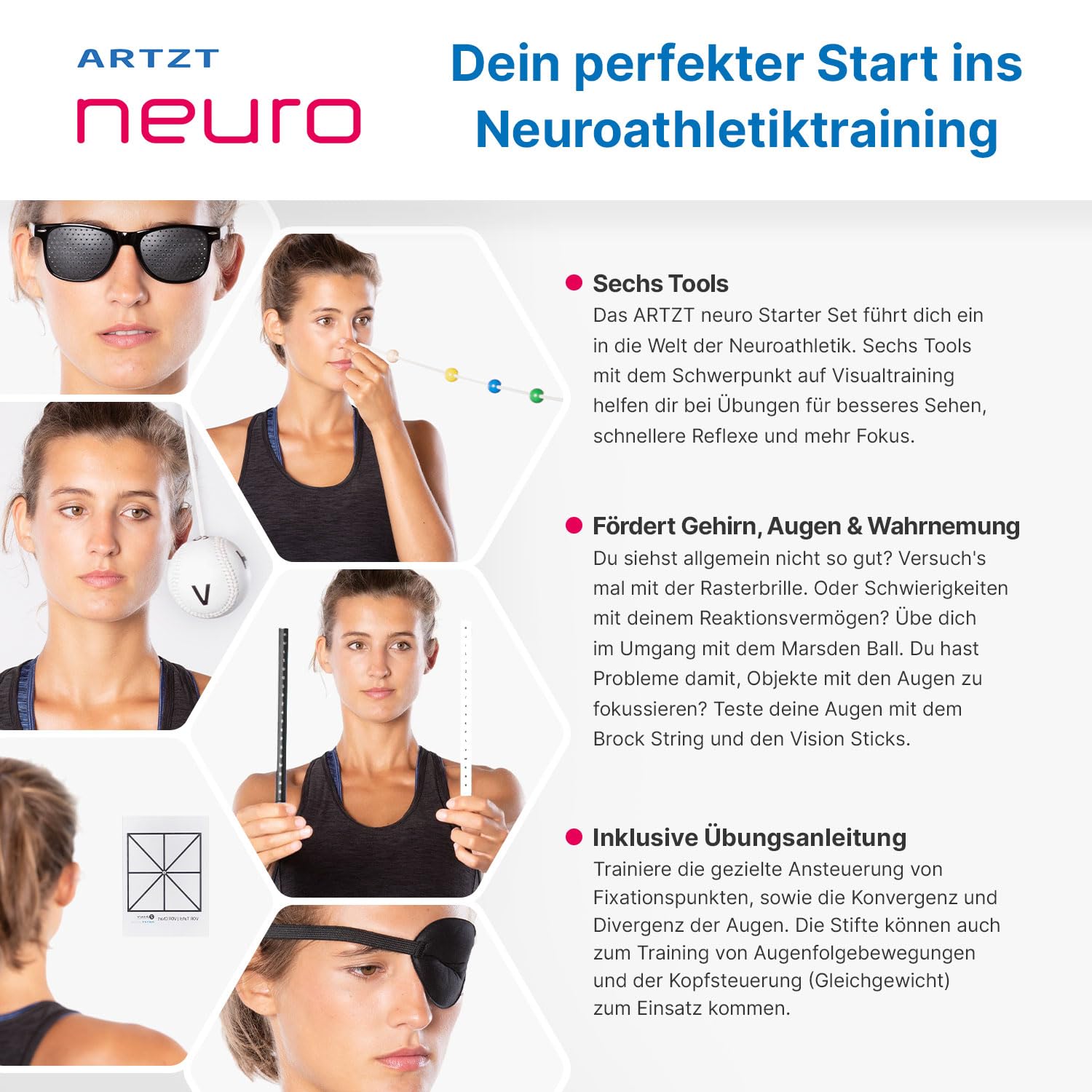 Starter Set | Neuroathletiktraining für besseres Sehen, Reflexe & Fokus | Inklusive Sehtafeln, Brock String, Rasterbrille & Marsden Ball | Ideal für Sport, Büro & Alltag