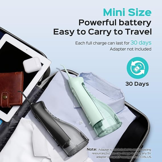 COSLUS ADA Accepted C20 Water Dental Flosser Teeth Pick, 300ML Larger Tank | Portable Rechargeable Oral Irrigator for Orthodontic & Sensitive Gums, Cordless for Travel, Family, Double Set, Black&Green