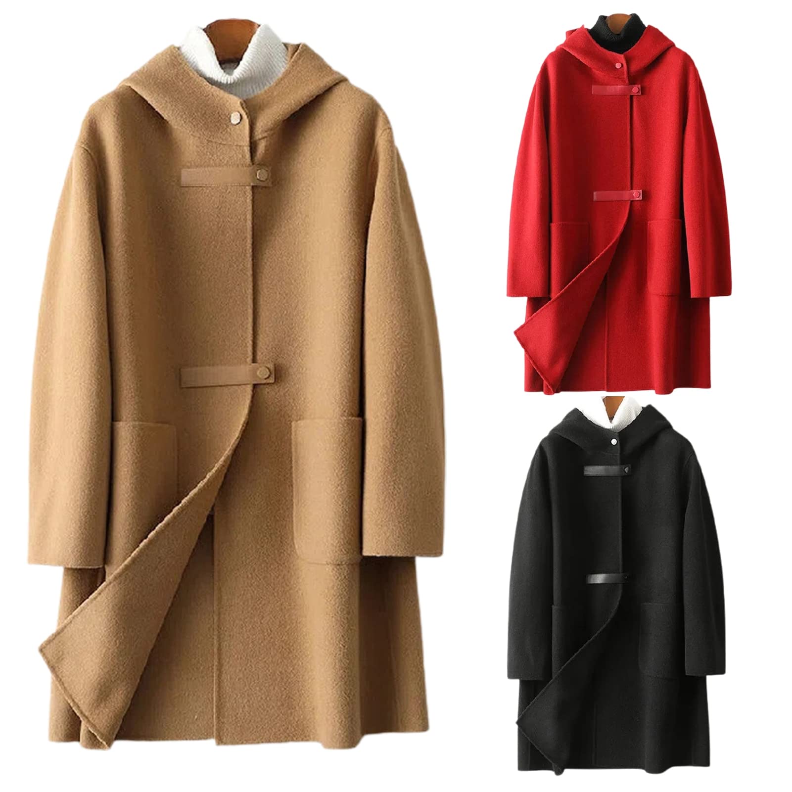 Cappotto da donna con cappuccio Inverno Maniche Lunghe Giacca Tasche Caldo Doppio Lato Lana Grande Formato Spessa Lady Soprabito