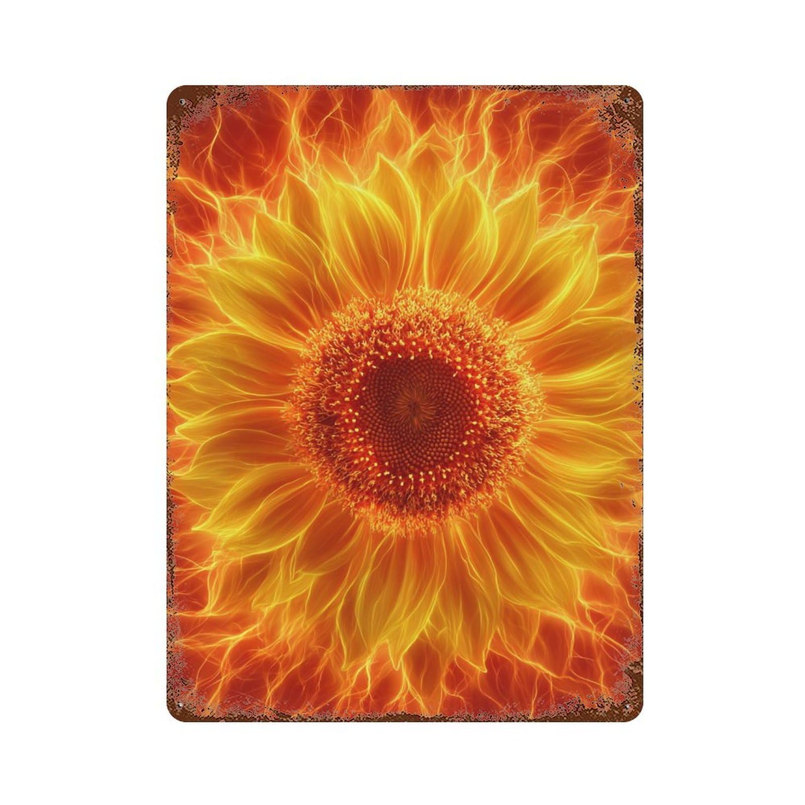 Garage Style Flaming Sunflower Art Print-1 Weathered Tin Sign 15.7"x11.8", Shabby Chic Decor for Bar And Workshop
