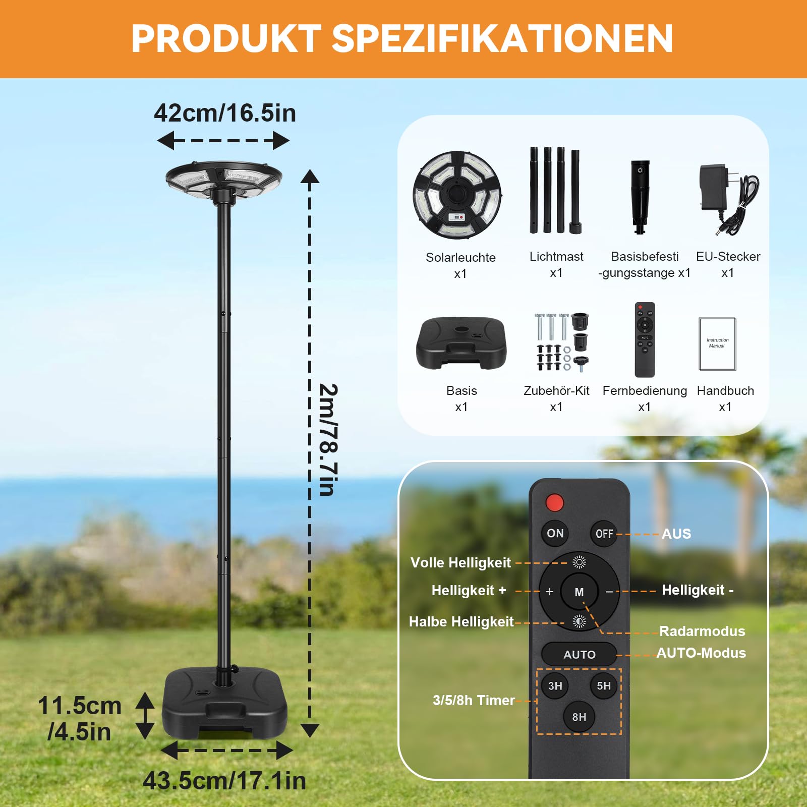 Solar Straßenlaterne mit H200cm Lichtmast, 750LEDs Solarstrahler mit Bewegungsmelder und Lichtsensor, Wasserbefüllbarer Fuß, 6500K, Timer, Garten Sicherheitleuchte Solarlampen für Außen Hof Garage