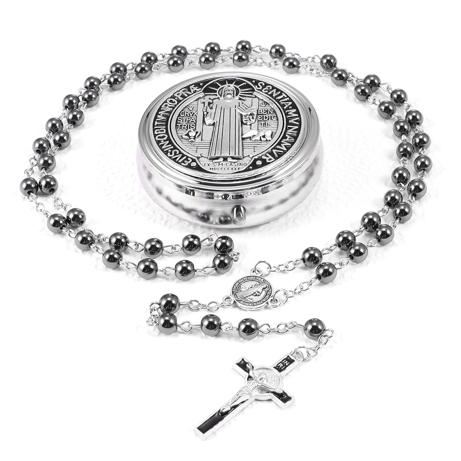 OEMOOGlass Pearl Rosary Beads Catholic for Women, Virgin Mary Medal, Bead Necklace First Communion Gifts with Virgin Mary Gift Box