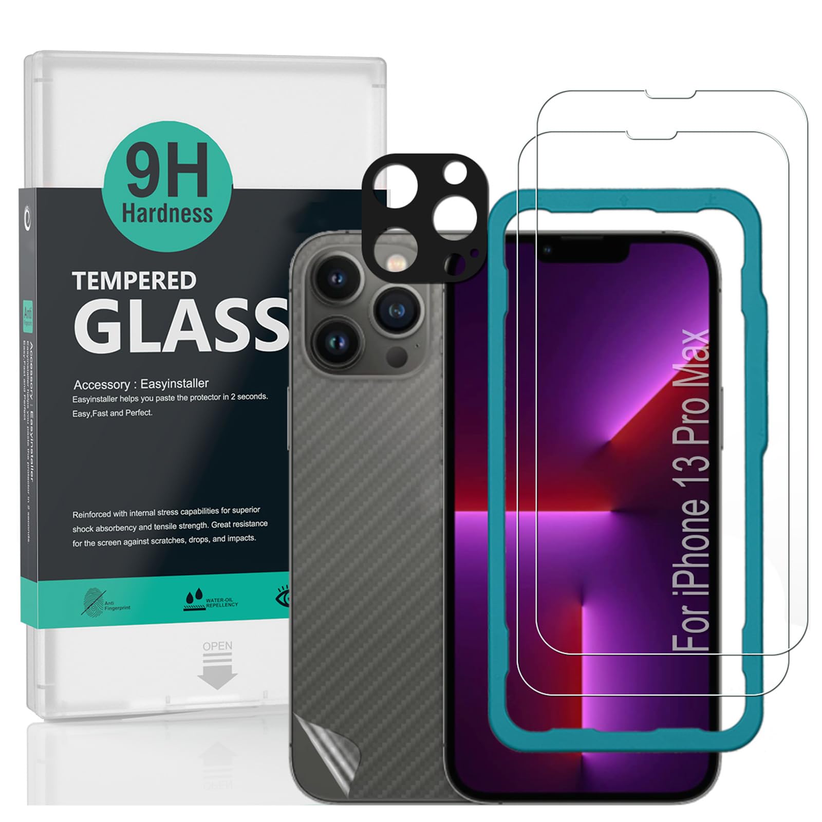 Ibywind Screen Protector For iPhone 13 Pro Max (6.7 Inches),with 2Pcs Tempered Glass,1Pc Camera Lens Protector,1Pc Backing Carbon Fiber Film [Fingerprint Reader,Easy to install]