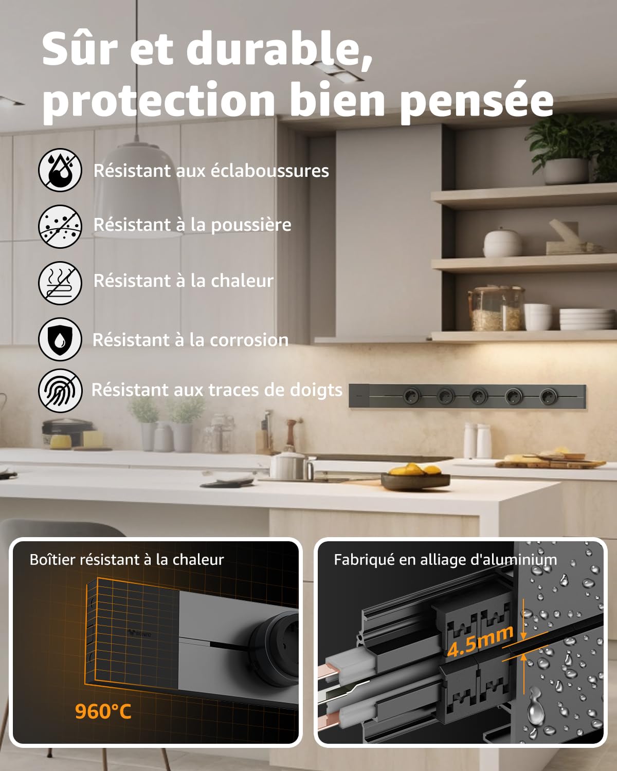 GONEO Rail de Prises modulable Mural 75 cm, multiprise électrique avec 5 adaptateurs et interrupteurs, 16A 3680W, 2P+T, Extensible jusqu'à 8 Prises, idéal pour Cuisine, Salon, Lieu de Travail