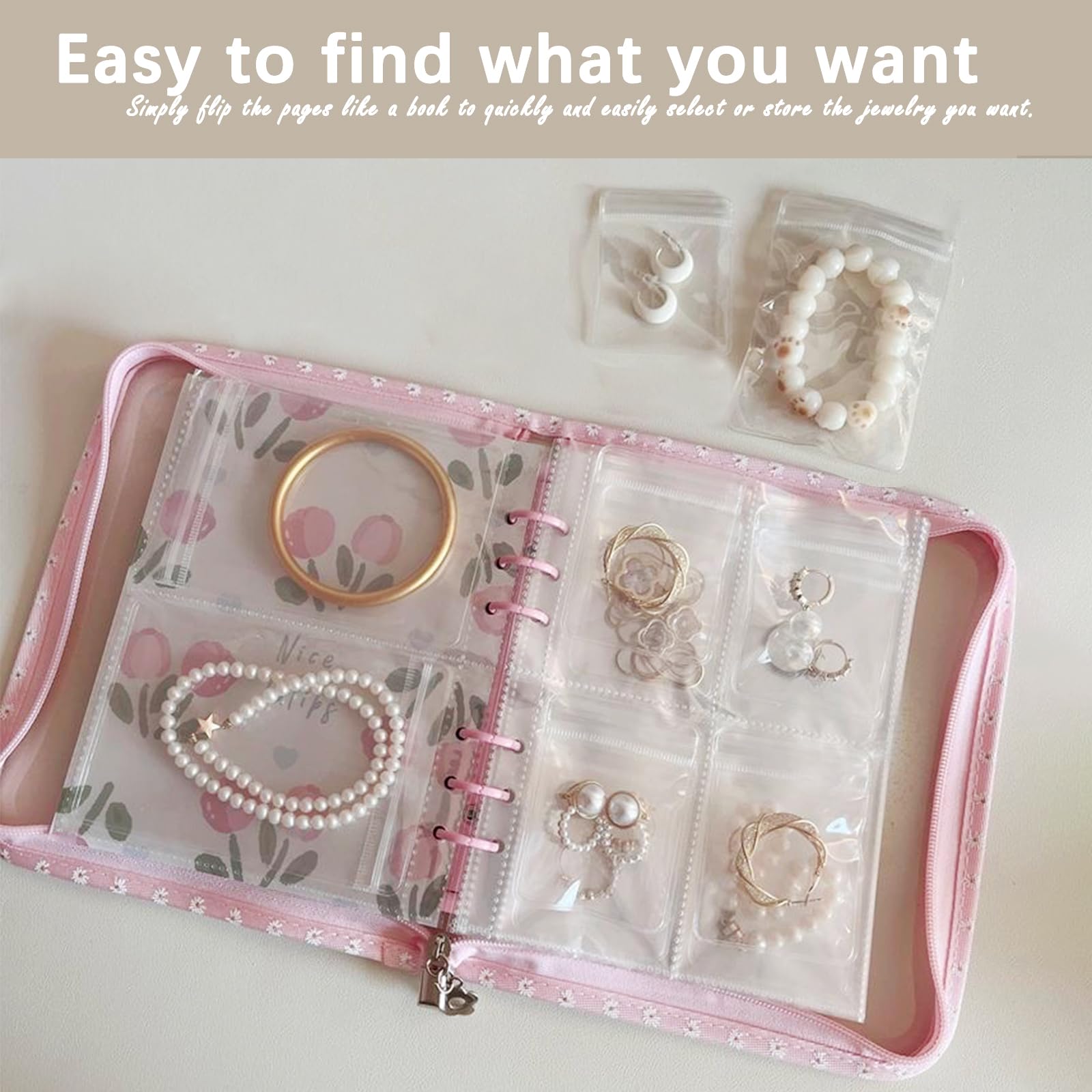 Jeonnfp Jewelry Organizer Travel,Jewelry Storage Book with 45 Portable thick PVC pouches,Jewelry Organizer Zipper Bags for Necklaces Bracelet Rings and Earrings (front cover removable),Pink