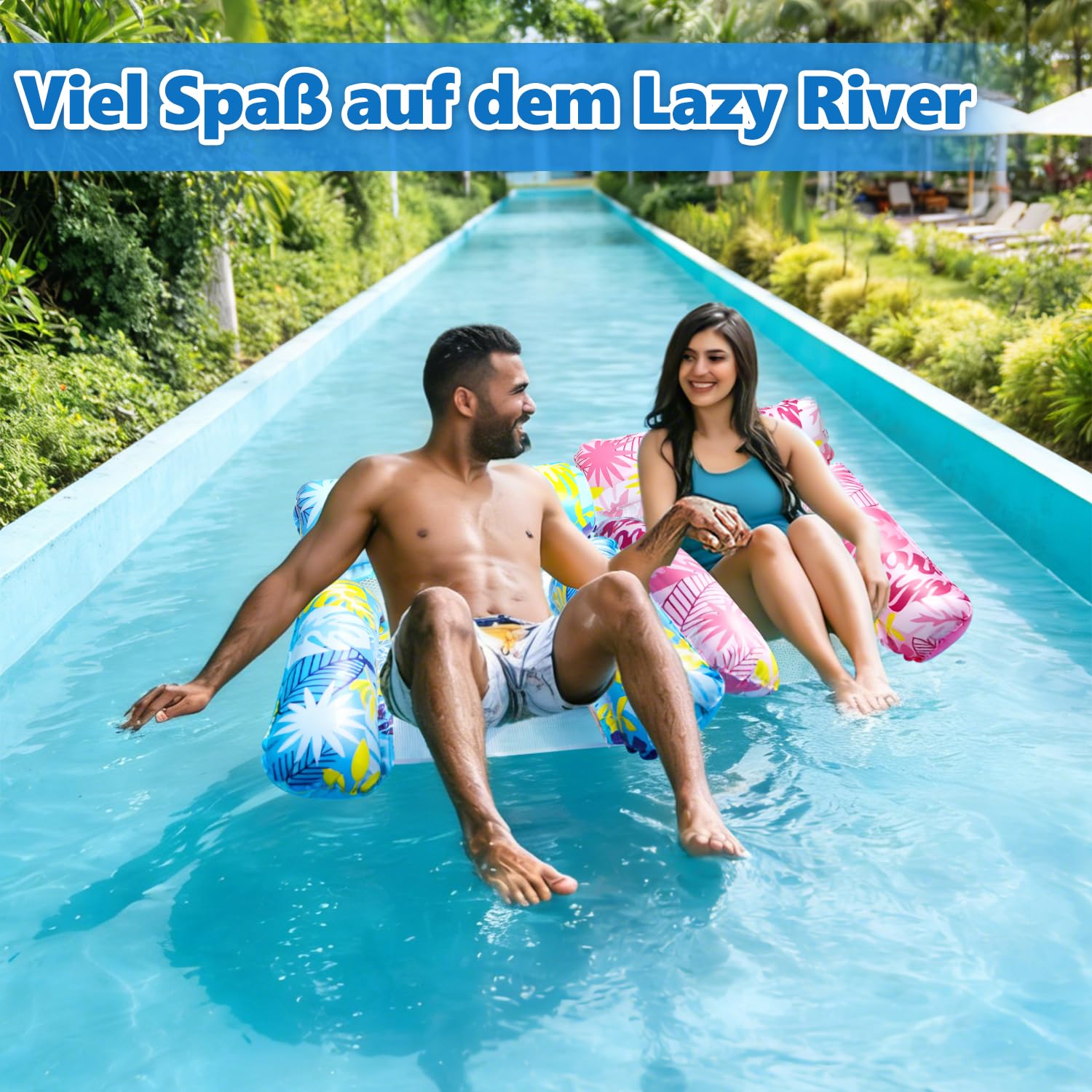 2 Stück Luftmatratze Wasser mit 1 Luftpump und 2 Getränkehalter，4 in 1 Wasserhängematte mit Netz Aufblasbare Schwimmsessel Wasser Matratze Pool Zubehör Liege Sofa Stuhl Sitz Erwachsene Kinder Stabil